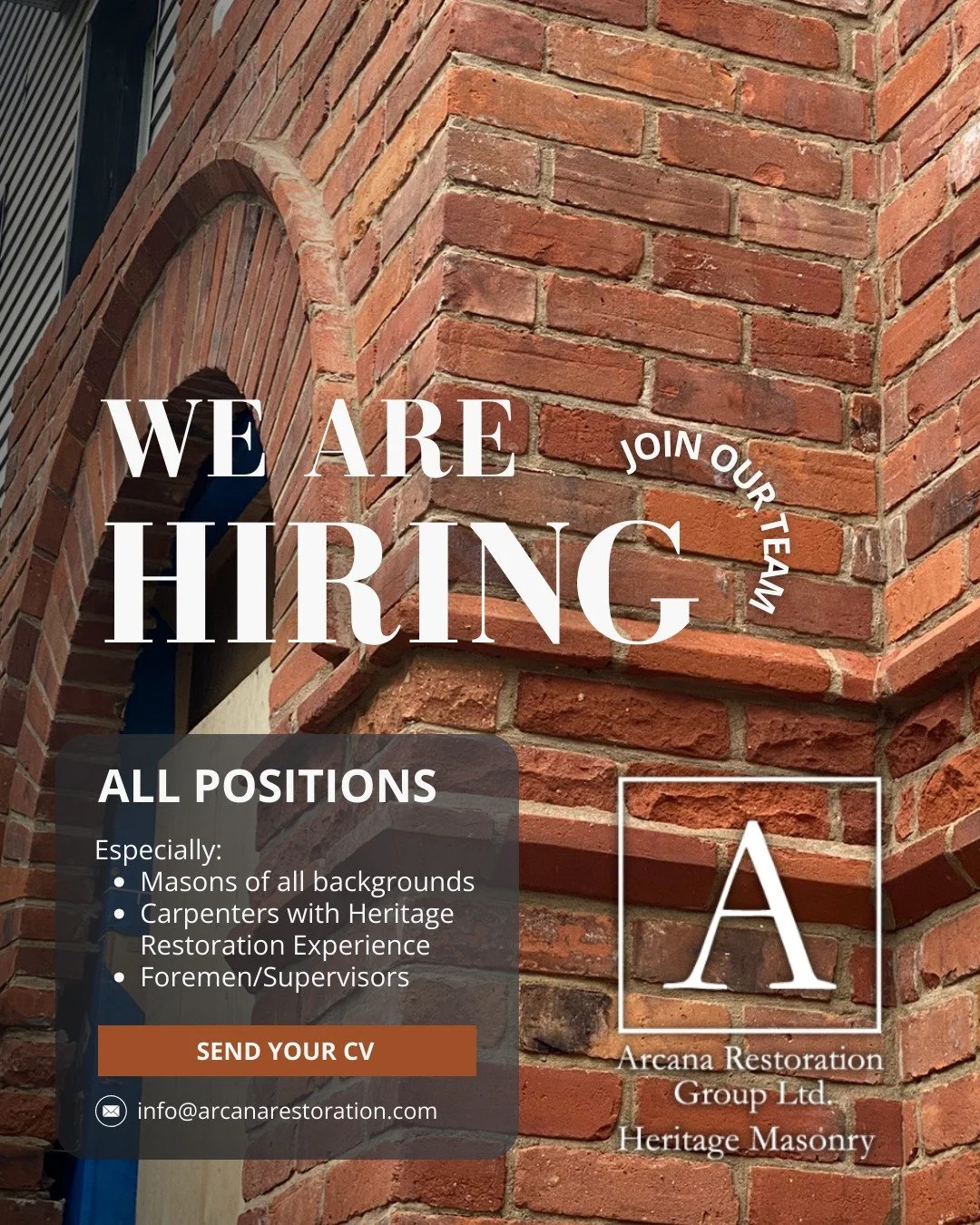Arcana Restoration Group is hiring!
We are seeking experienced heritage masons, carpenters, and foremen/supervisors to join our team for the Fall 2025 season. We have an exciting lineup of restoration projects over the next few months throughout the 