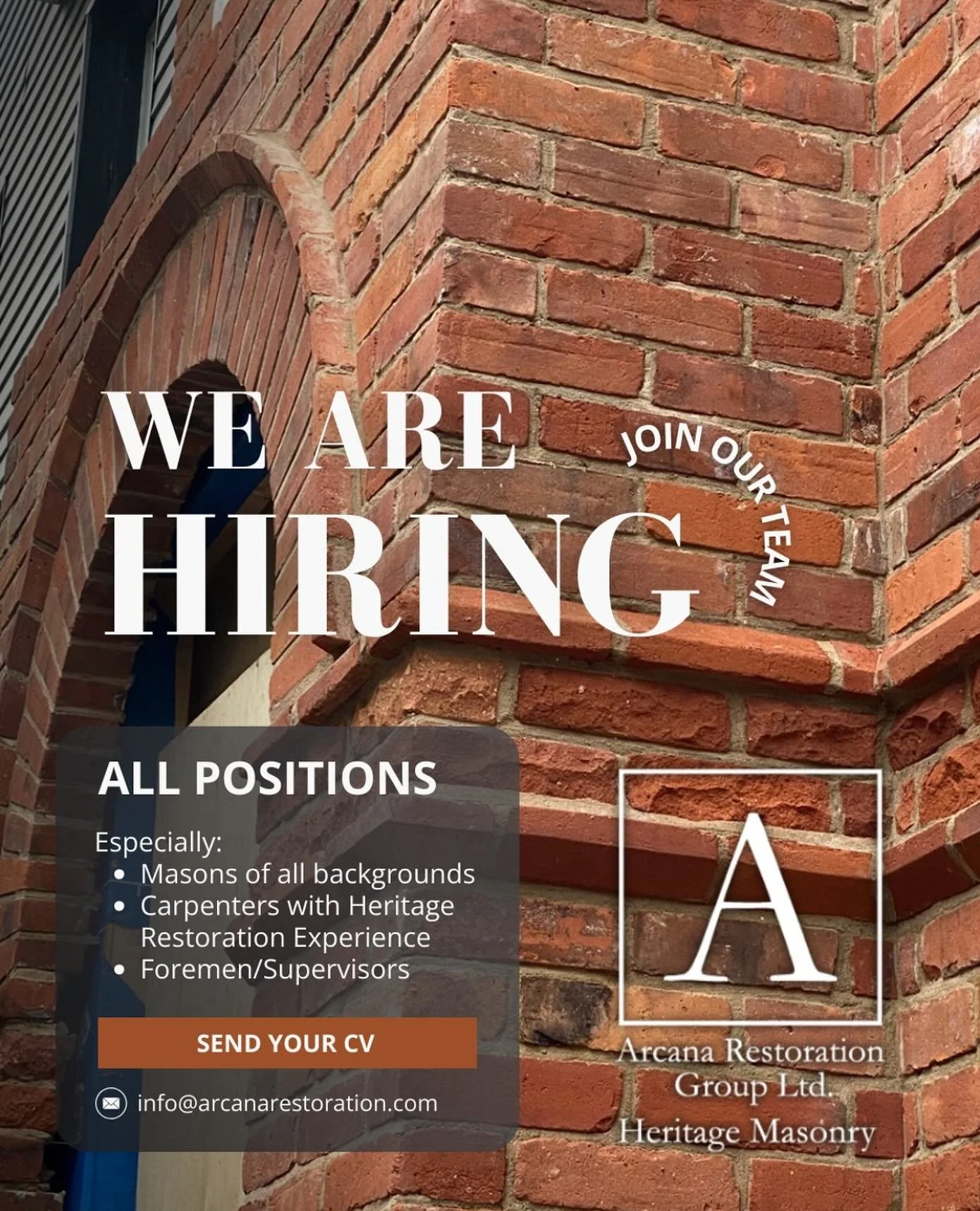 Arcana Restoration Group is hiring!
We are seeking experienced heritage masons, carpenters, and foremen/supervisors to join our team for 2026. We have an exciting lineup of restoration projects over the next few months throughout the GTA, and this is
