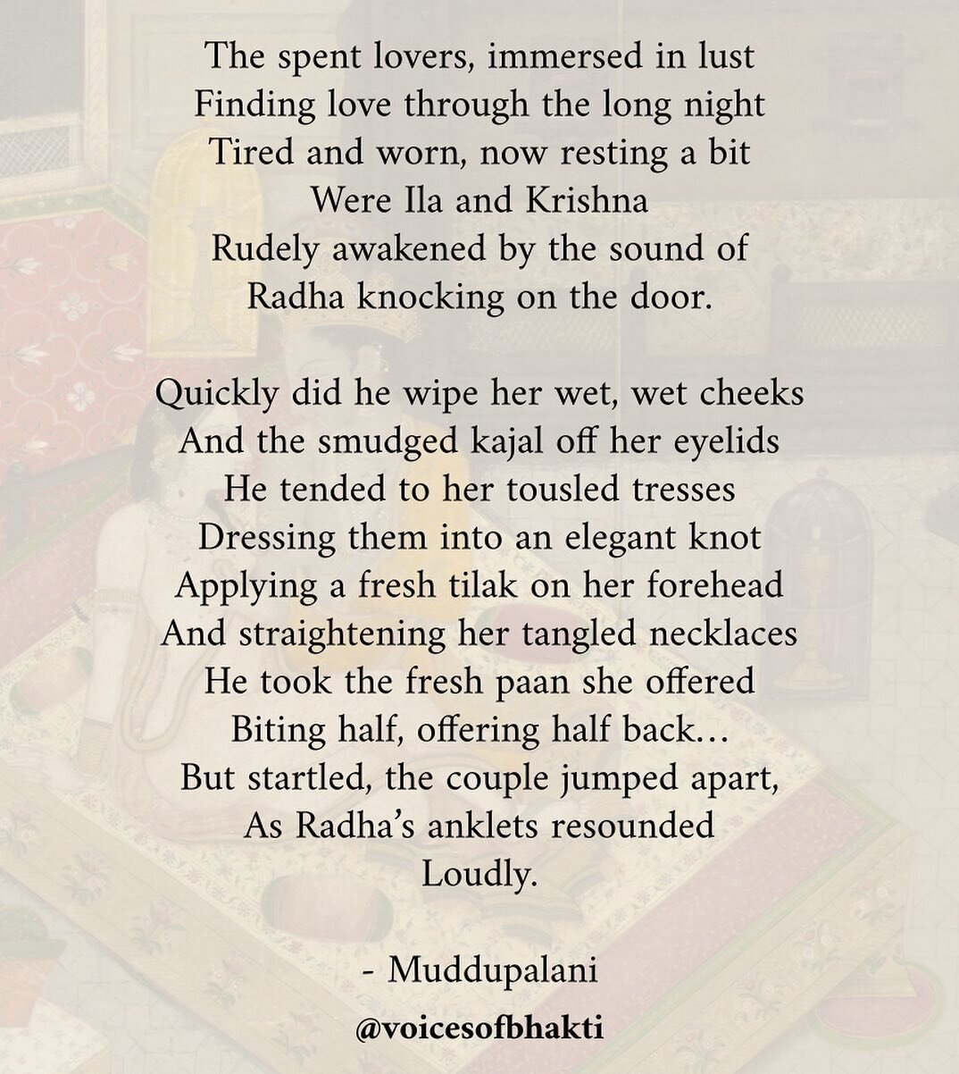 #womanshistorymonth
.
These Telugu verses describe a situation straight out of a sitcom: Krishna and his new wife Ila in bed, being interrupted by his jealous senior wife, Radha. 
.
They were written by the 18th-century courtesan Muddupalani, who liv