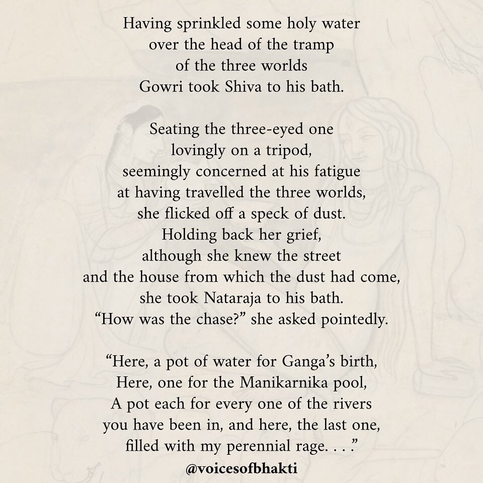 #womenshistorymonth
.
The title of this Kannada poem is pretty self-explanatory: &ldquo;A Song for Shiva As She Gives Him a Bath&rdquo; (Shivana Meesuva Hadu), by the poet Vaidehi.
.
Poet, writer and critic Arundhathi Subramaniam writes:
.
&ldquo;Vai