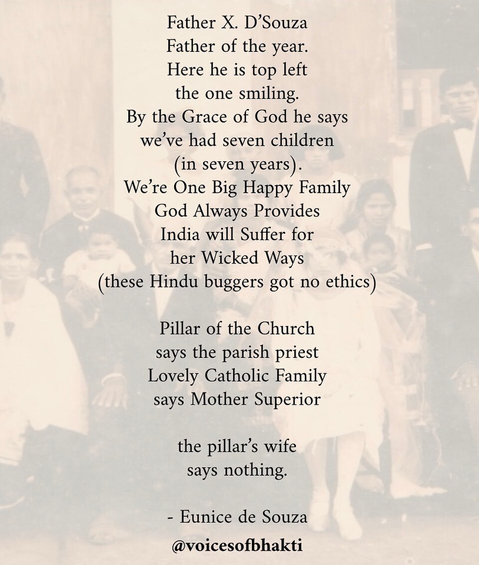 #womenshistorymonth
.
This poem, titled &ldquo;Catholic Mother,&rdquo; is by Eunice de Souza (1940-2017), who was a renowned Indian English poet, literary critic and novelist. This was the first poem in her collection &ldquo;Fix,&rdquo; which was pub