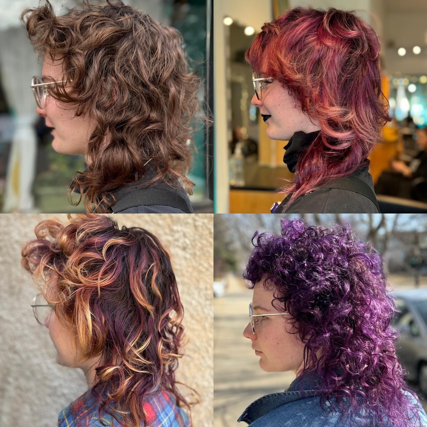 The evolution of color! Thanks to @maccaflora for letting me play and try out some new color! First pic is all her natural, the second is the first round color, the third is after it faded out, and the last is the refreshed violet! #purplehair #vivid