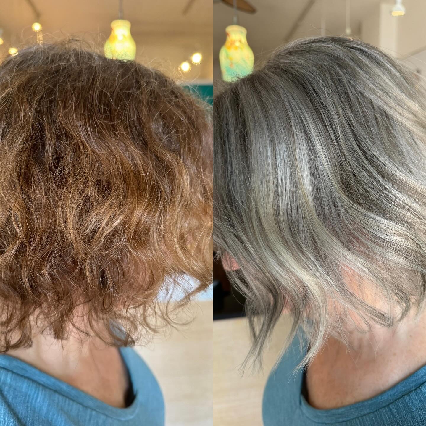 👉🏻 From coloring to going grey. This client was my &ldquo;model&rdquo; for letting me practice a process for her going grey. She was coloring her hair often with permanent dye. Then grew her roots out a few inches so I could see her natural pattern