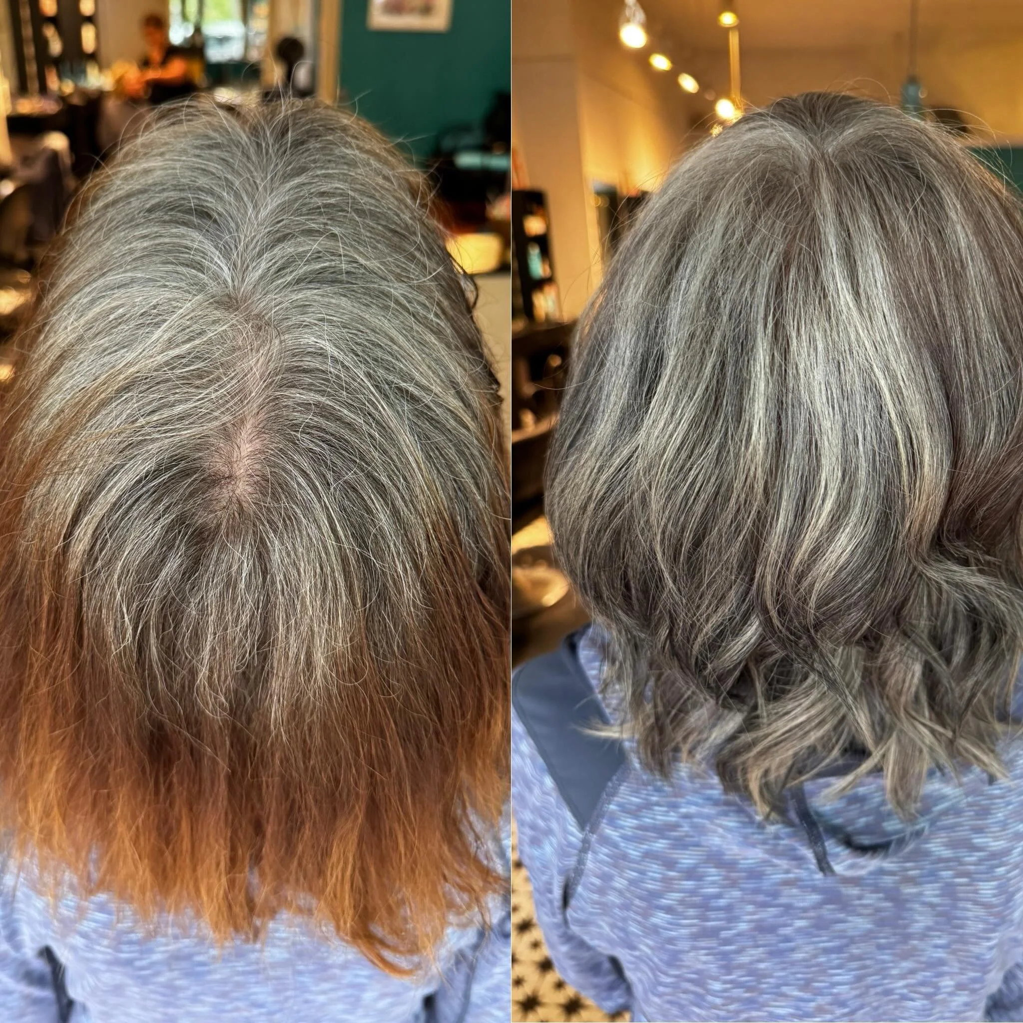 Six months of growing out her gray after decades of coloring her hair &mdash; and what a transformation ✨

To create this look, we first did three rounds of @malibucpro CPR to lift out years of old dark color. Then I carefully worked through very fin
