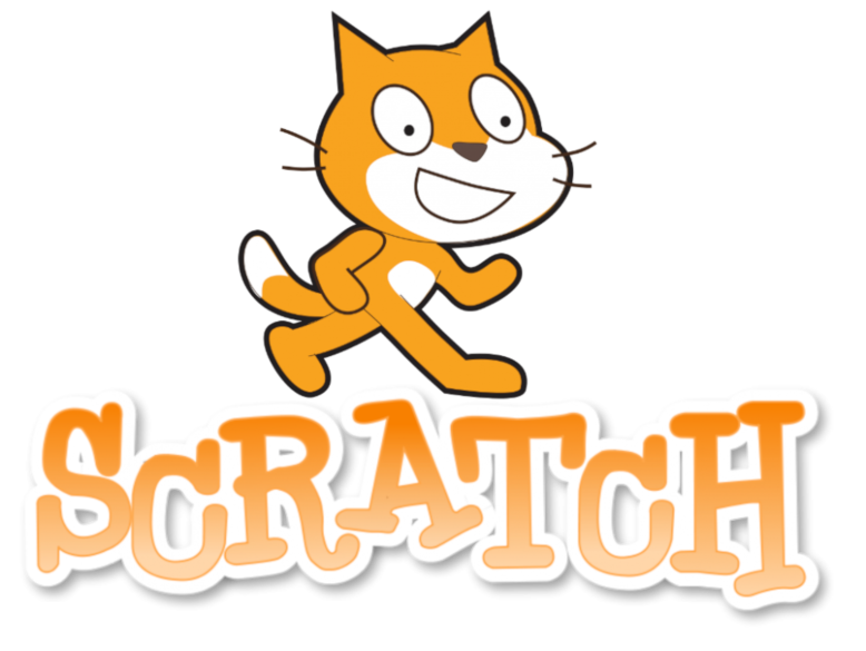 Scratch the cat running over the word "Scratch" in colorful, bubbly letters.