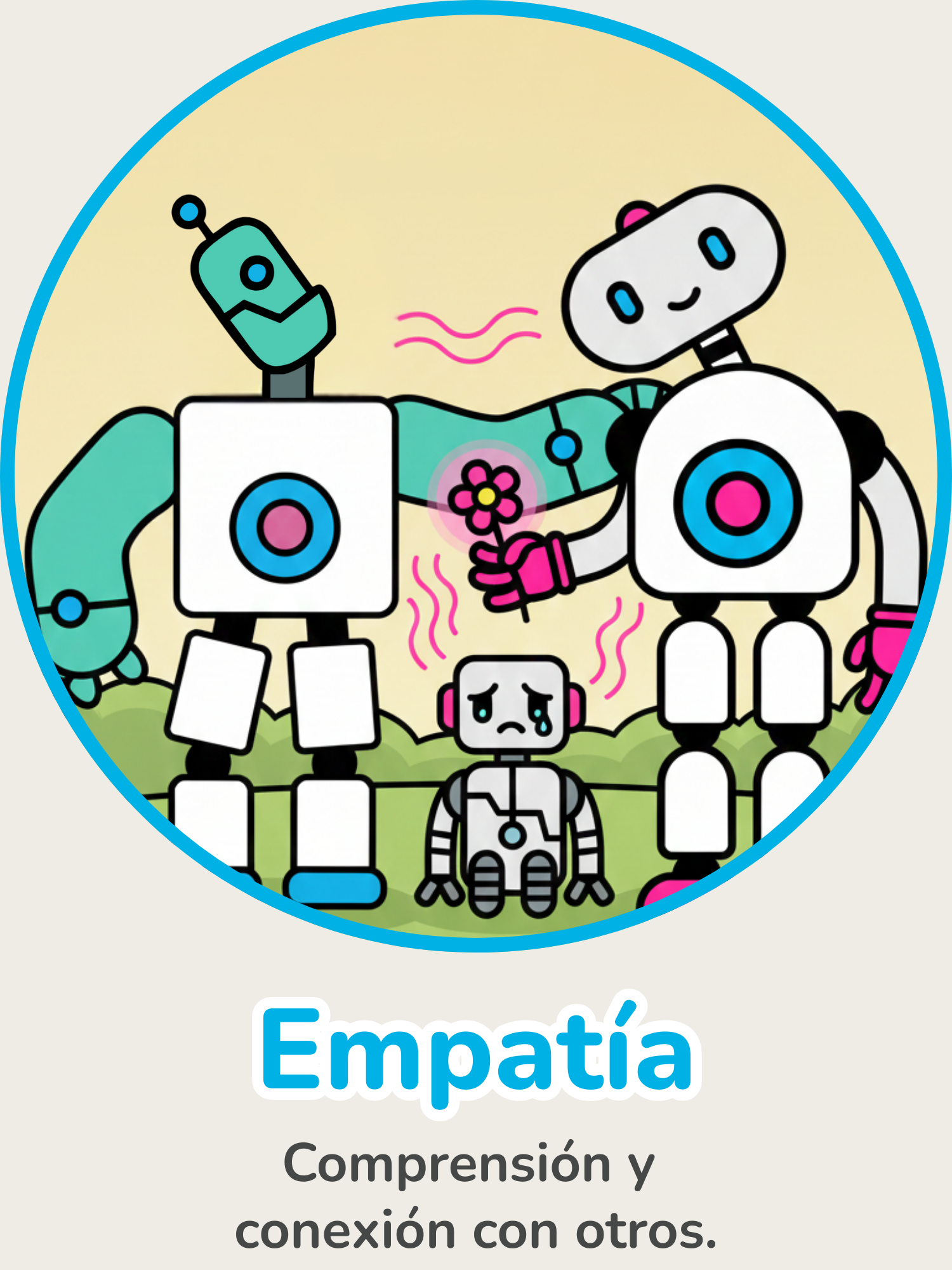 Robot sosteniendo una planta en un ambiente escolar con tableros de metas y crecimiento, simbolizando empatía, conexión emocional, apoyo entre estudiantes y desarrollo socioafectivo dentro de la educación STEEAM.