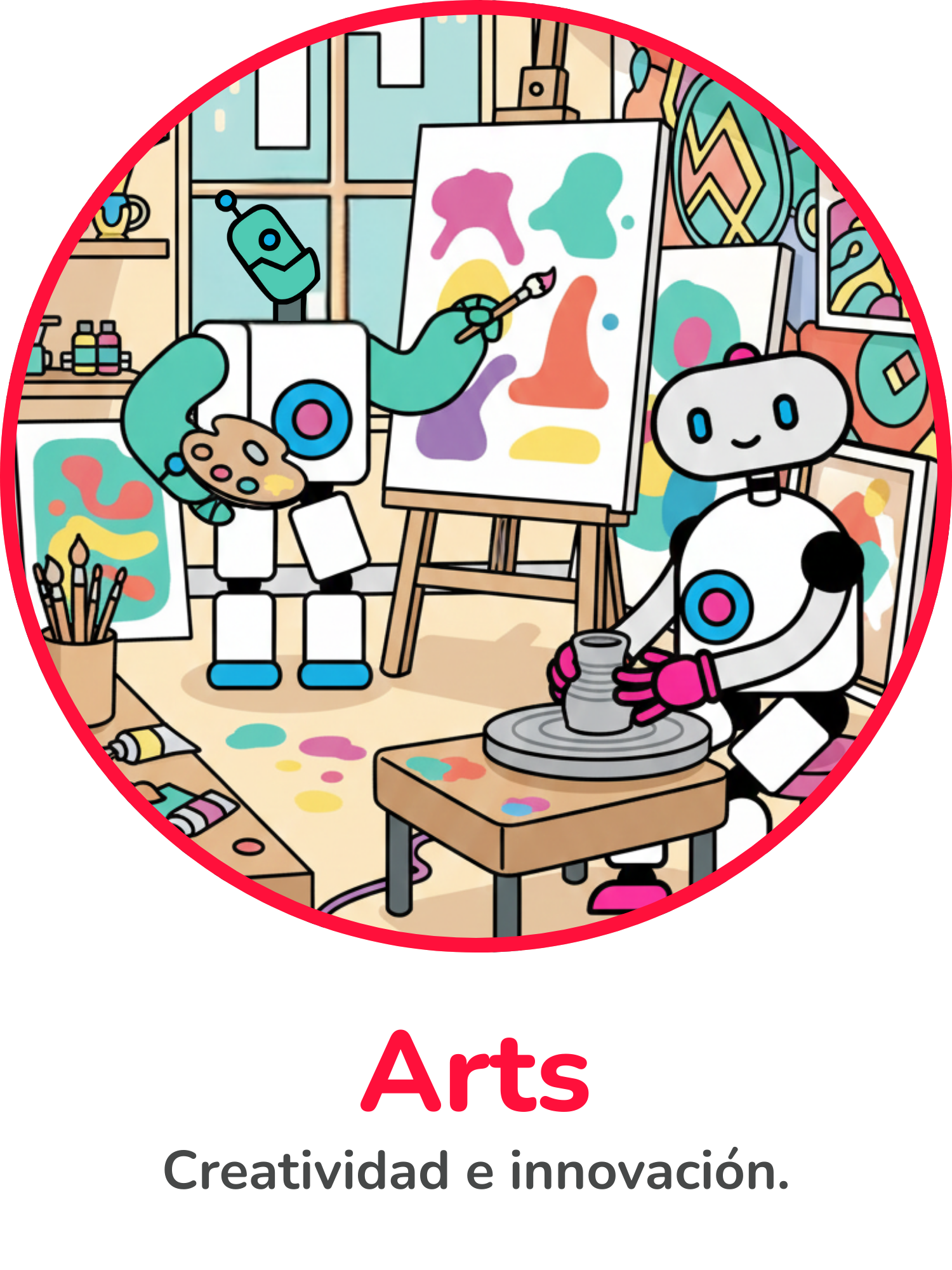 Robot creando arte y diseño digital con creatividad, ilustración, expresión visual y herramientas STEEAM para proyectos interdisciplinarios.