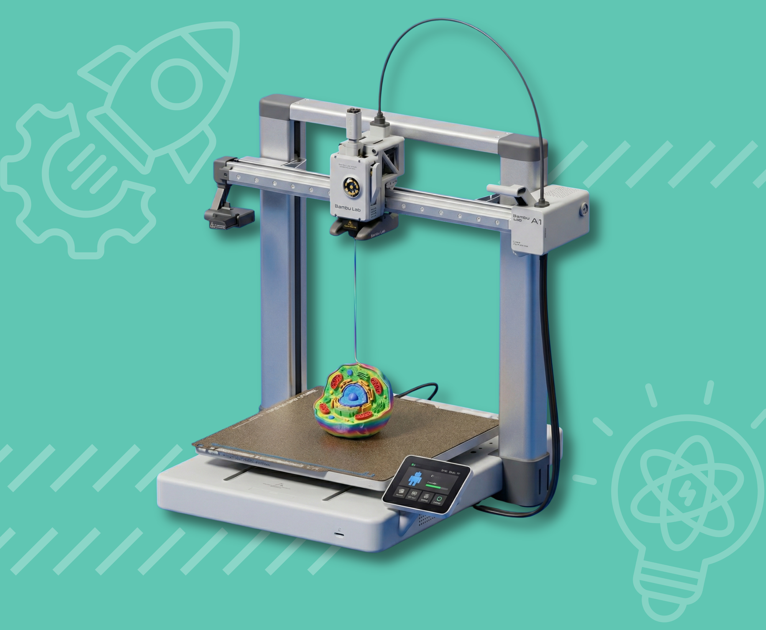 A 3D printer creating a colorful miniature sculpture of a robot with a glowing blue eye on the print bed.