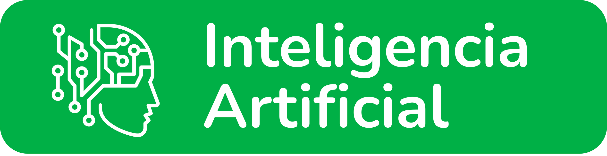 Green badge with white outline of a person's head with circuit lines representing artificial intelligence, and the text "Inteligencia Artificial".