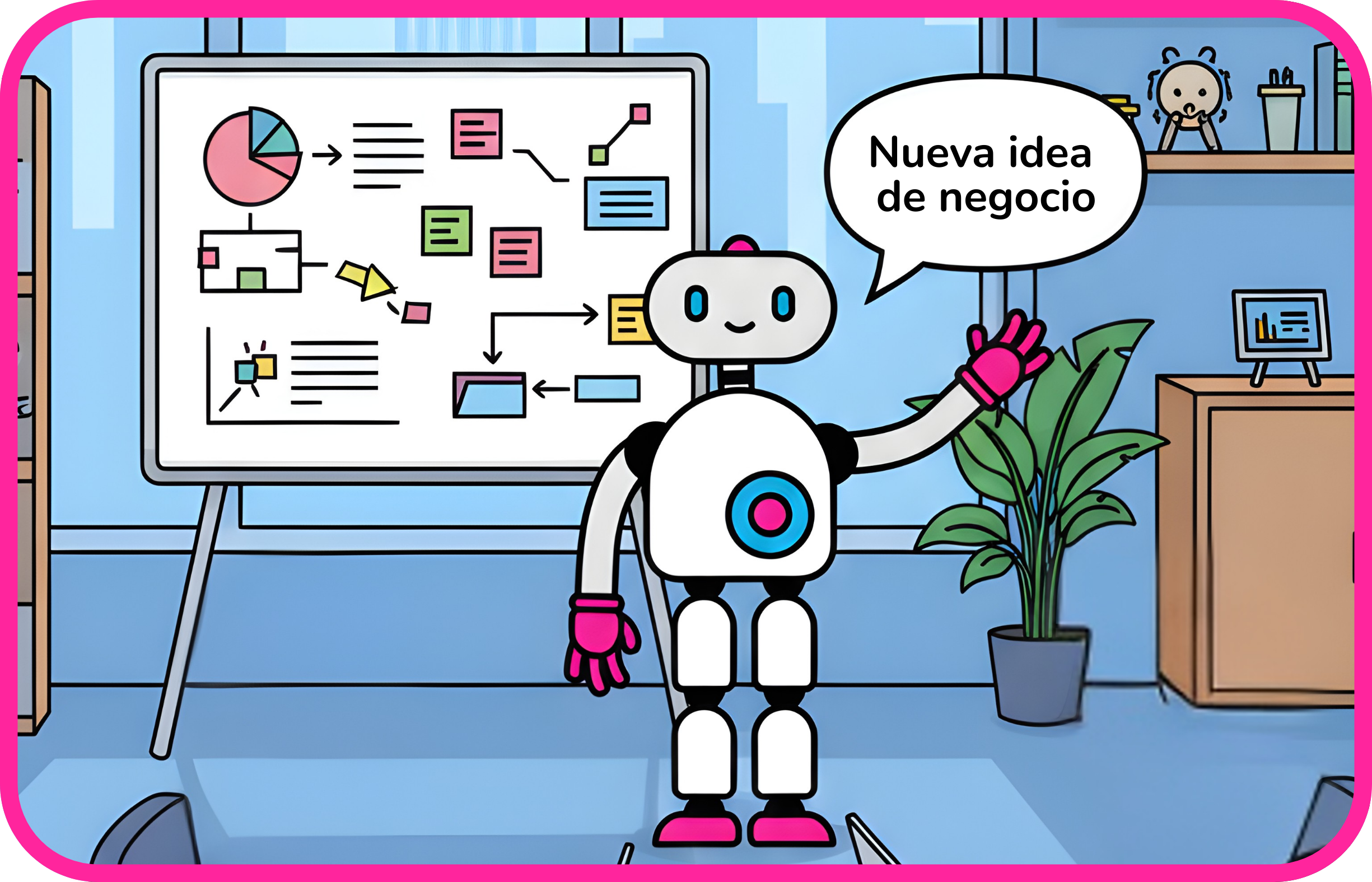 A robot standing in front of a presentation board with graphs and charts, waving and saying 'Nueva idea de negocio' in a speech bubble, in an office setting with a plant and shelves.