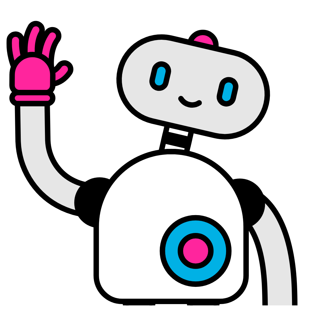 Cartoon robot with a white body, gray head, blue eyes, pink circular detail on head and robot’s hand, and a pink and blue circular graphic on its chest, waving with its pink-gloved hand against a black background.