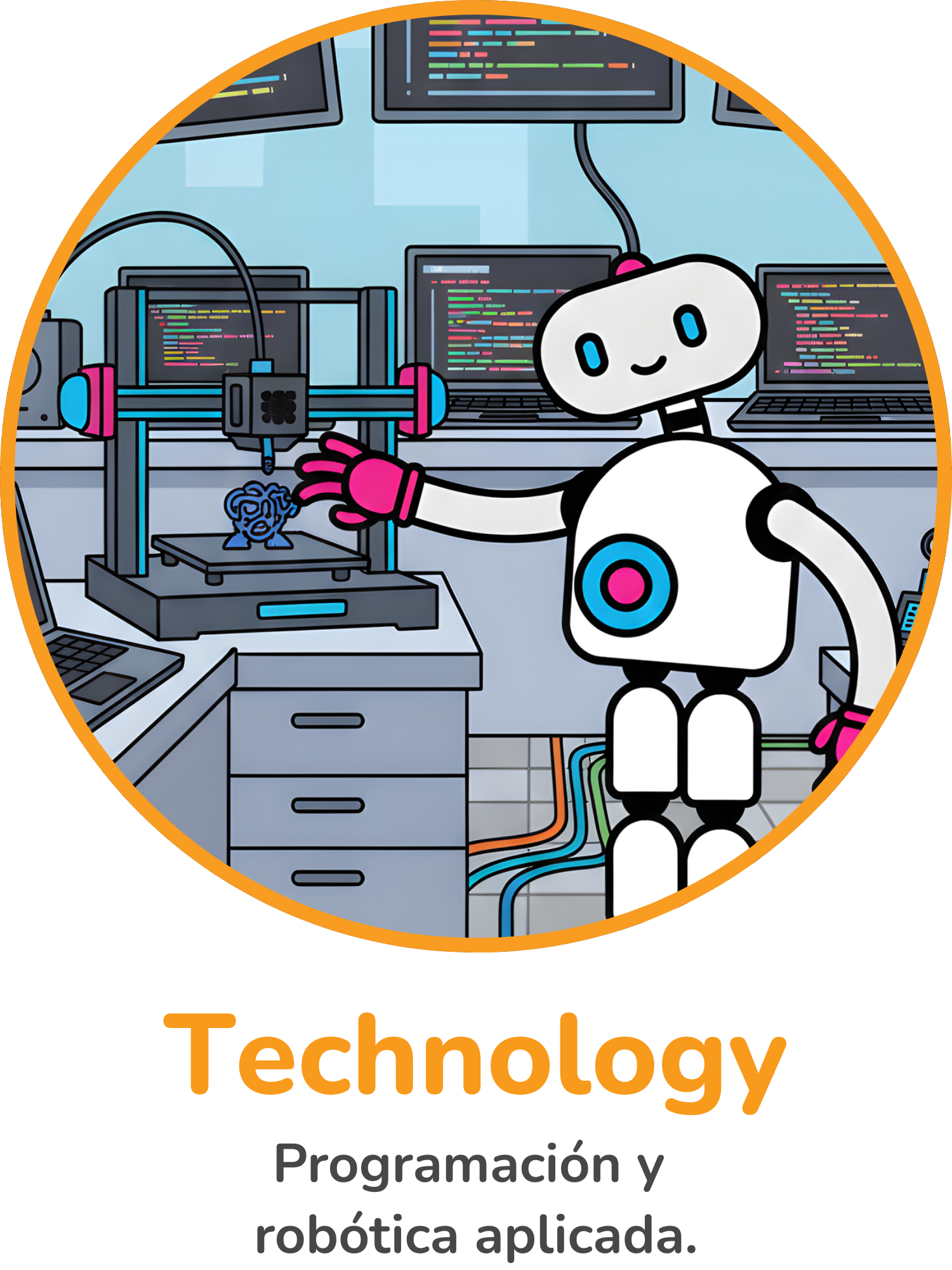 Robot utilizando robótica, programación, inteligencia artificial y herramientas tecnológicas educativas en un aula innovadora enfocada en transformación digital.