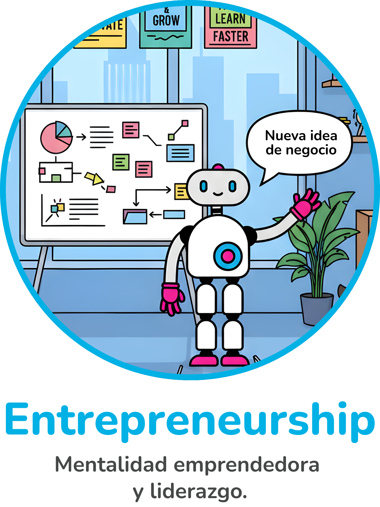 Robot desarrollando ideas, liderazgo, innovación y pensamiento emprendedor con prototipos, presentaciones y proyectos creativos.