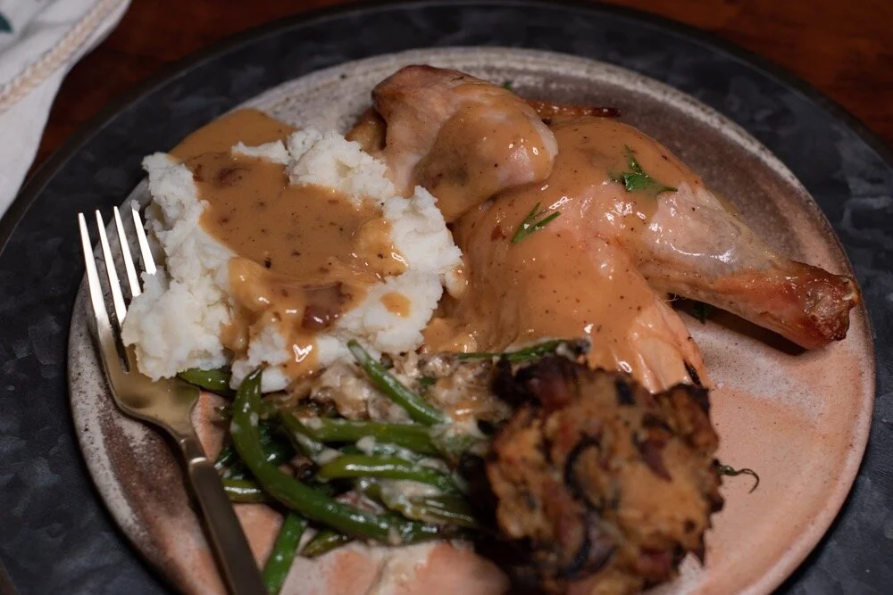 Plated up! You can preheat stoneware plates in a 200 degree oven.
