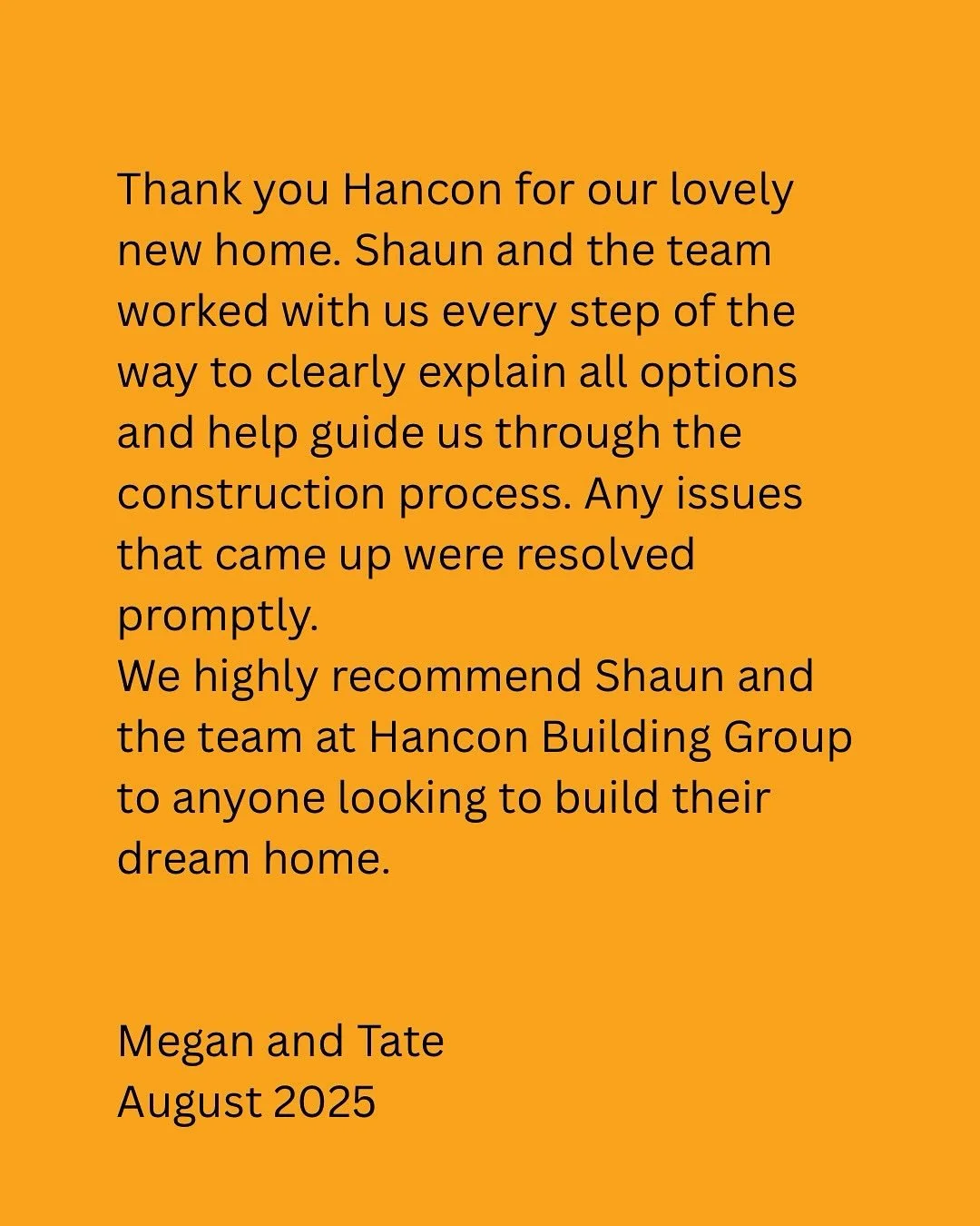 Thanks so much, Megan and Tate! We loved working with you on your dream home and teaming up with awesome local trades to make it happen! @frizonelectrical #review #testimonial #happyclients #happybuilder #teamwork #localtrades #supportlocal #majorren