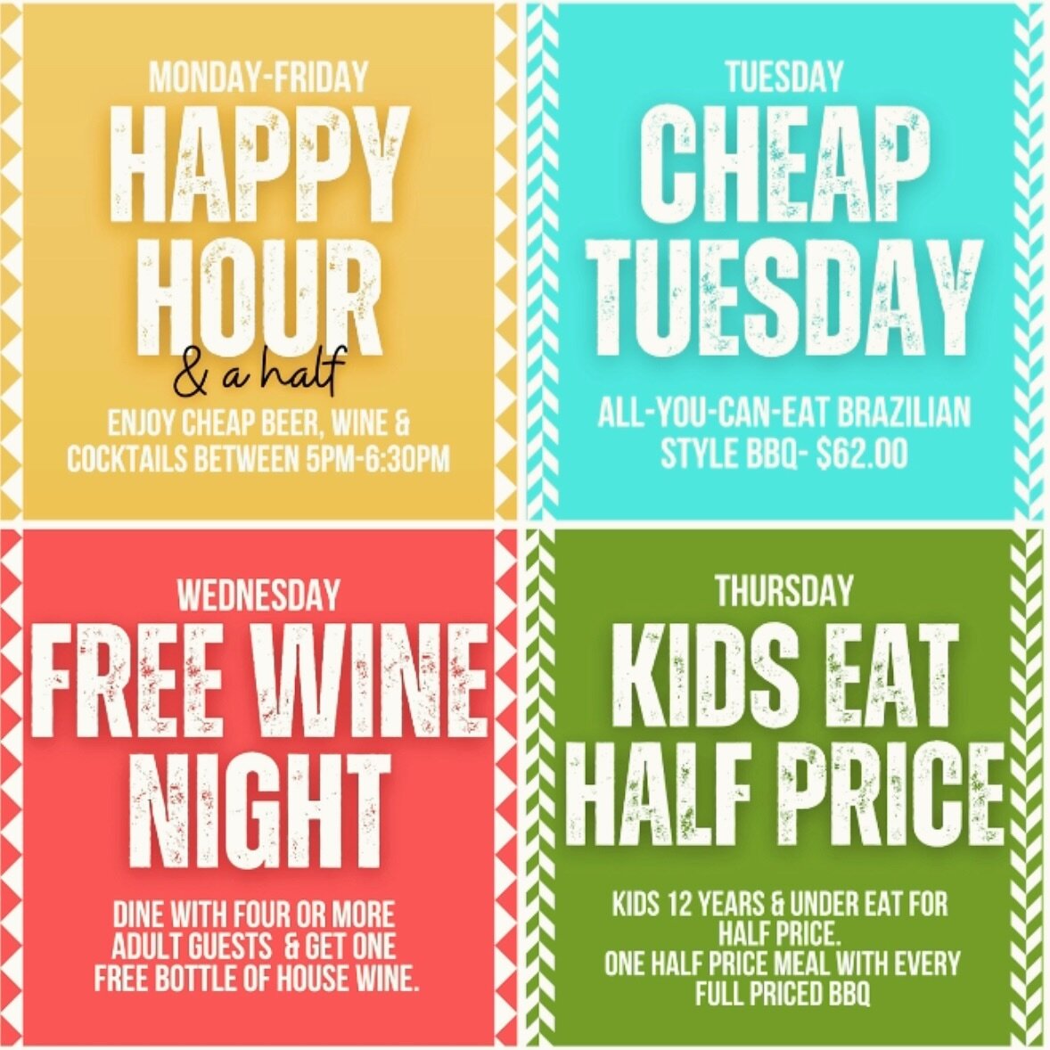 It&rsquo;s a new week and Churrasco has lots of offers for you to enjoy. Not to mention we also offer 
A LA CARTE and TAKE AWAY options every day of the week!! Book now www.churrasco.com.au