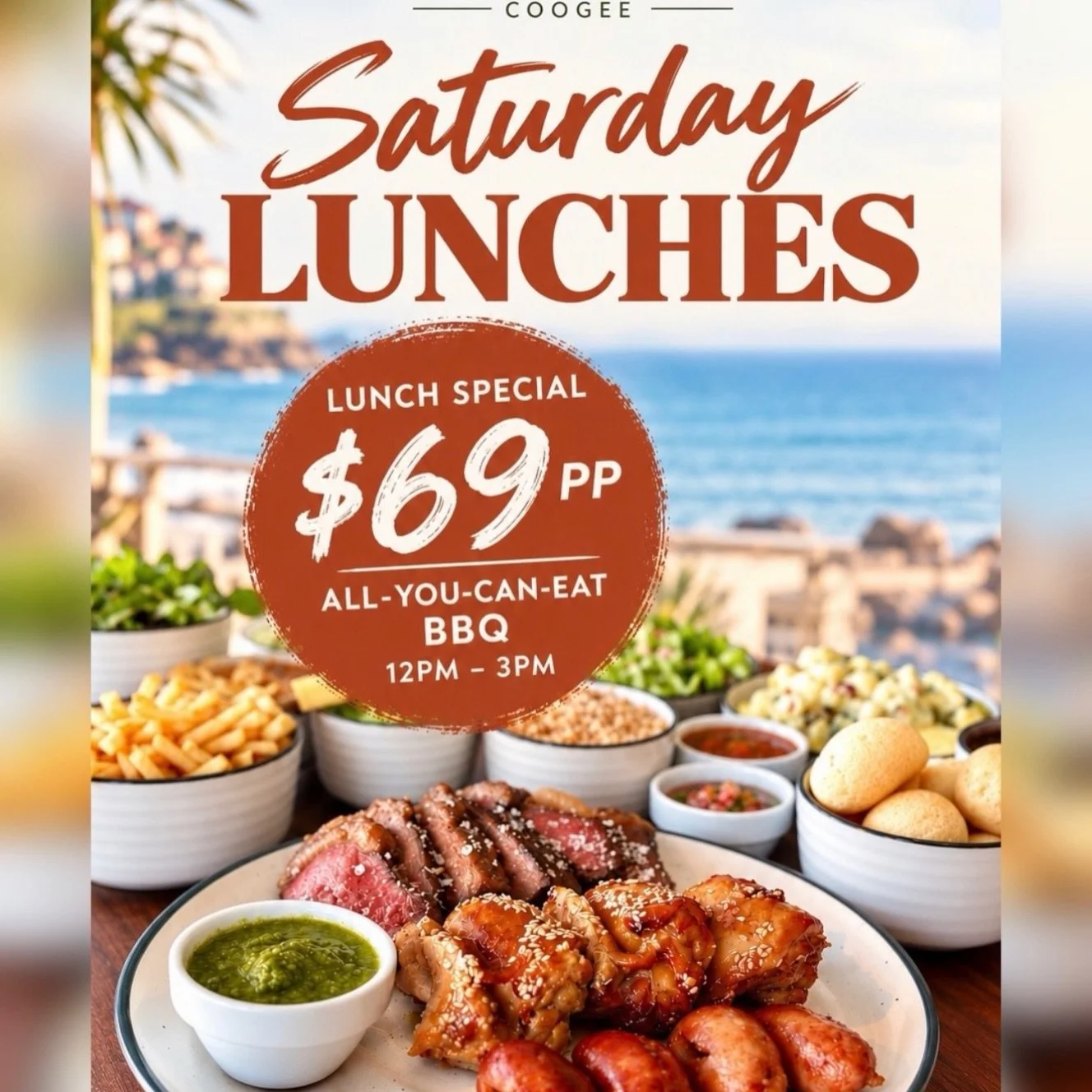 YOU ASKED, WE LISTENED!
Saturday lunches are now at Churrasco!  Join us from 12pm every Saturday and enjoy our famous all-you-can-eat Brazilian BBQ for just $69pp between 12&ndash;3pm!
Limited-time opening special!
Book online at www.churrasco.com.au