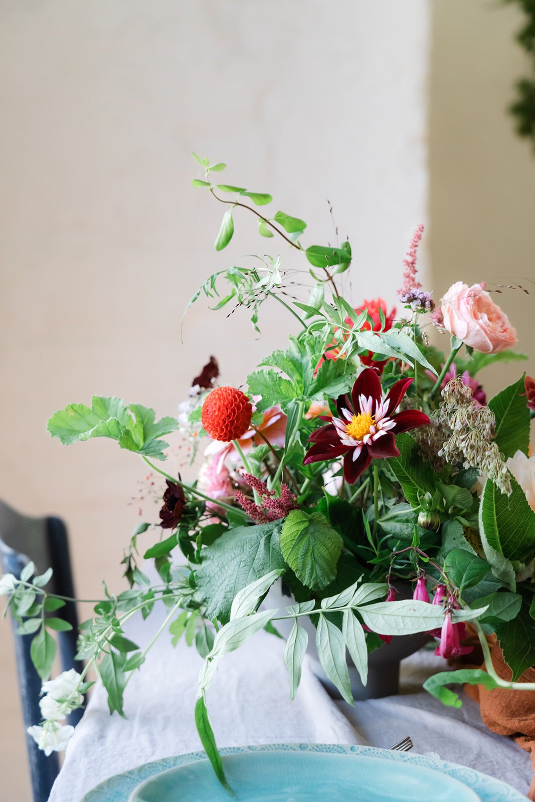 Autumnal naturally styled table flowers