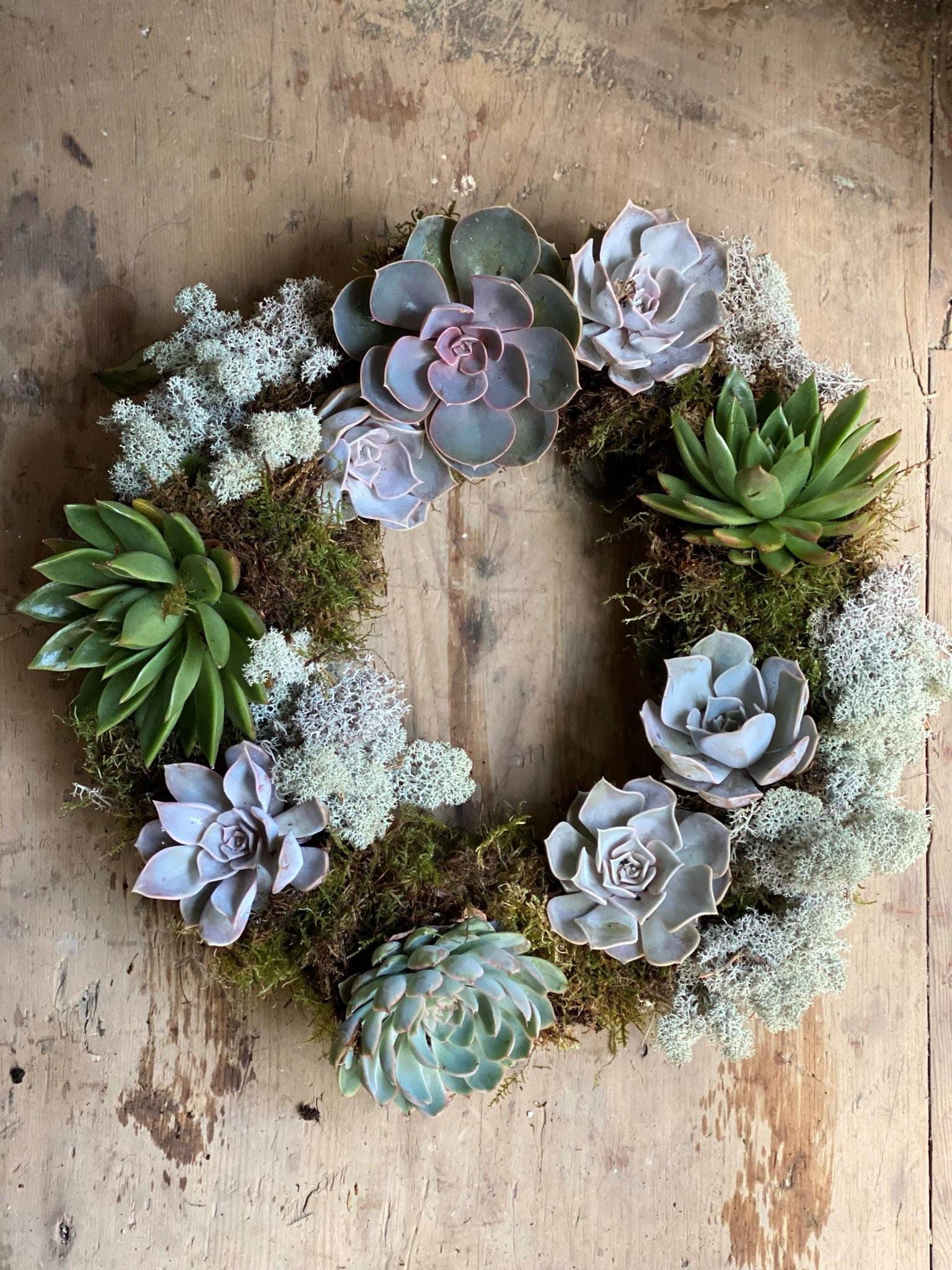 Naturally styled succulent planted living wreath 