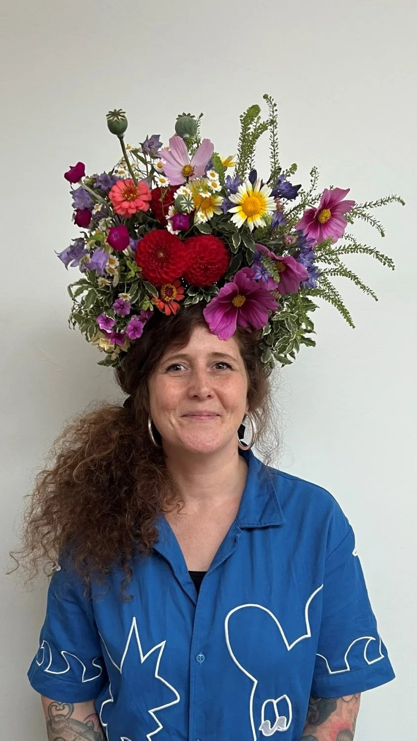 Sophie Powell, U.FL.O. wearing her flower crown from The Bath Flower School's workshop