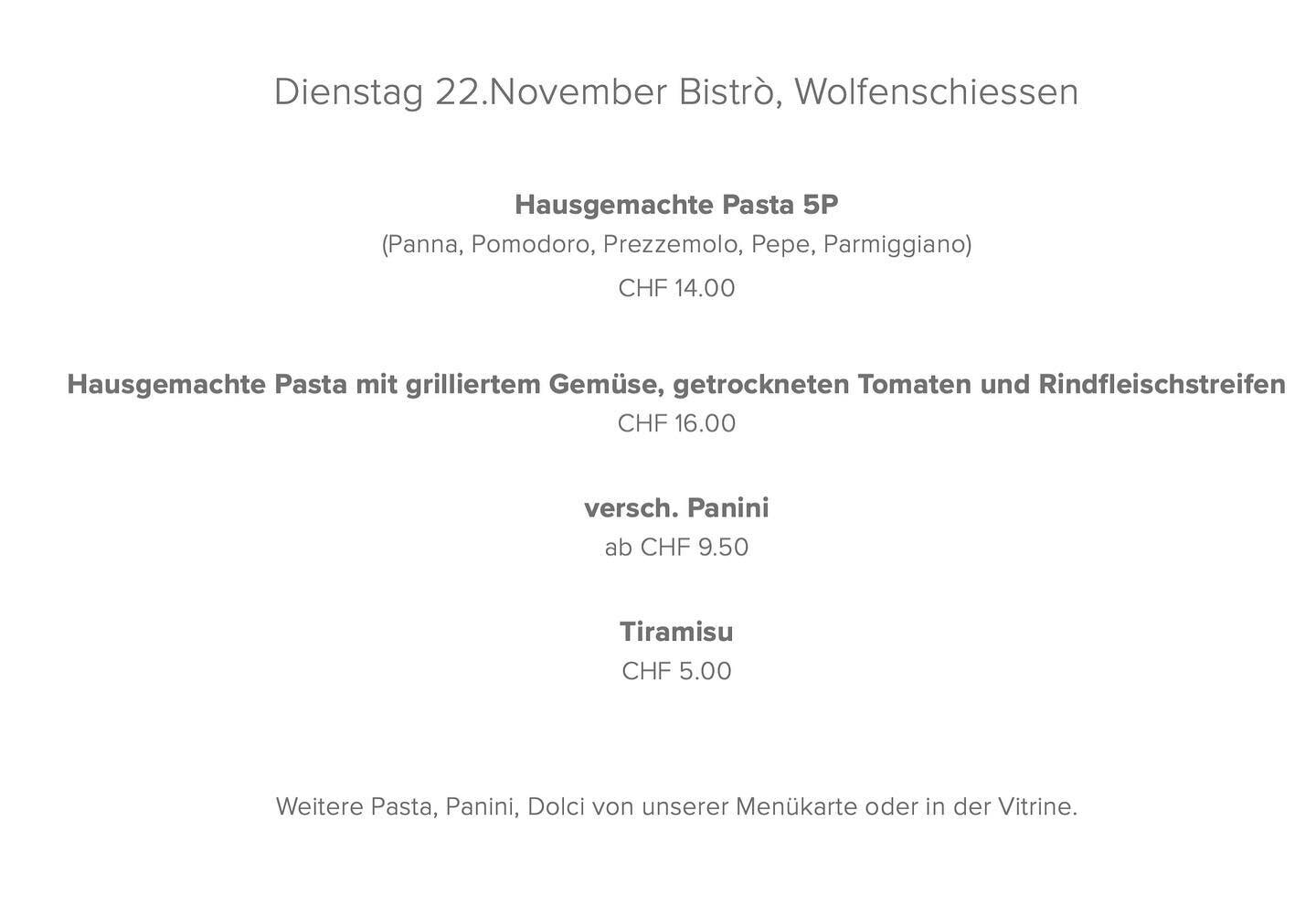 Wir starten in die neue Woche und freuen uns &uuml;ber euren Besuch!
Donnerstag Pizzatag und Freitag Samichlausumzug mit Pasta, jeweils l&auml;nger ge&ouml;ffnet ❤️🤗