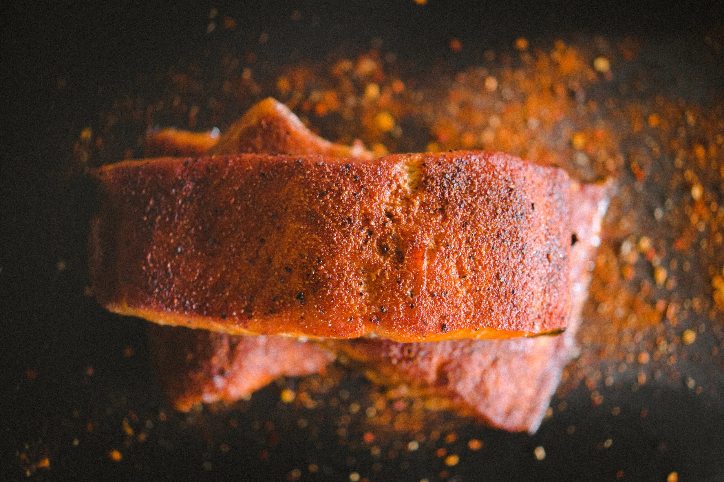 Artistic shot of Smoked Cajun Atlantic Salmon