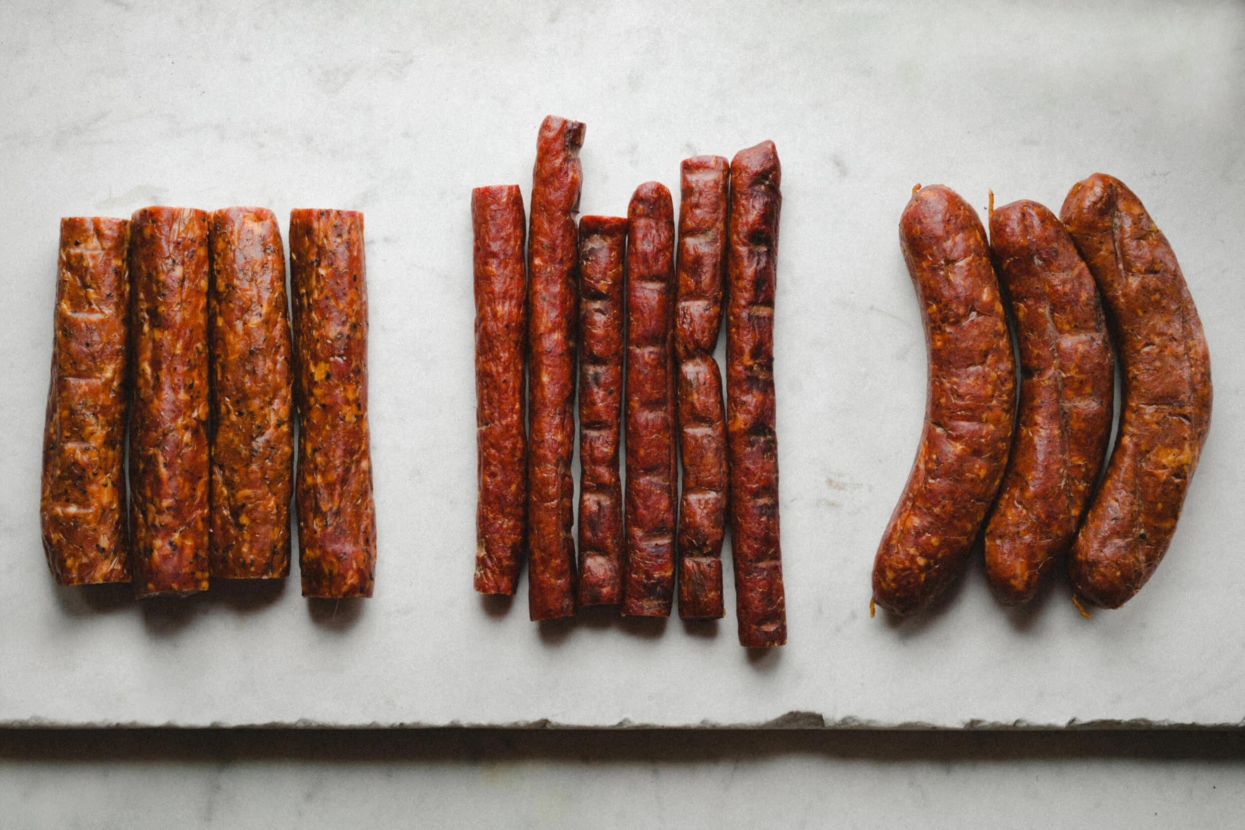 From Left to Right: Smoked Andouille, Bison Buddies, Smoked Polish
