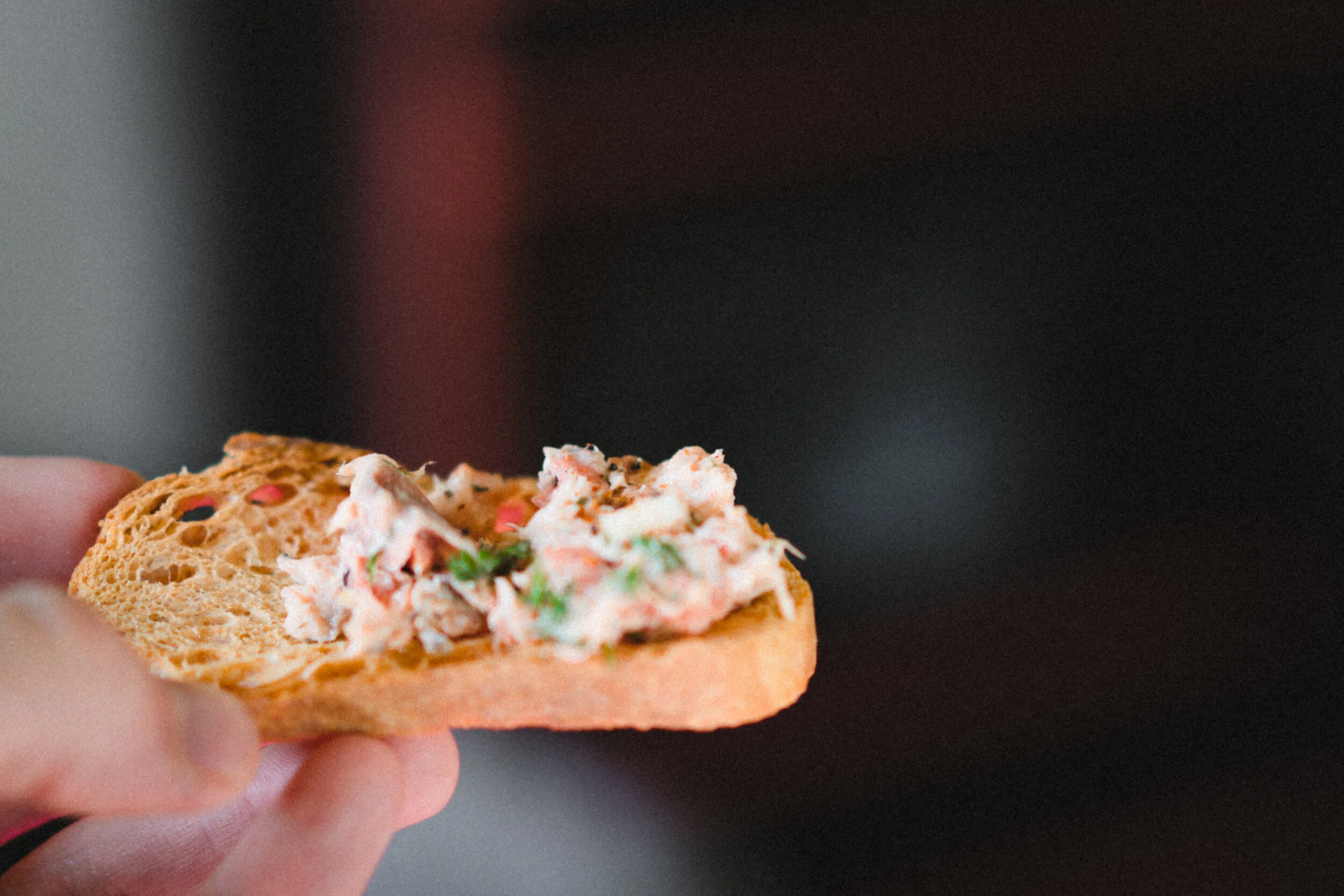 Artistic shot of Smoked Salmon Pâté on a crostini with pleasant bokeh