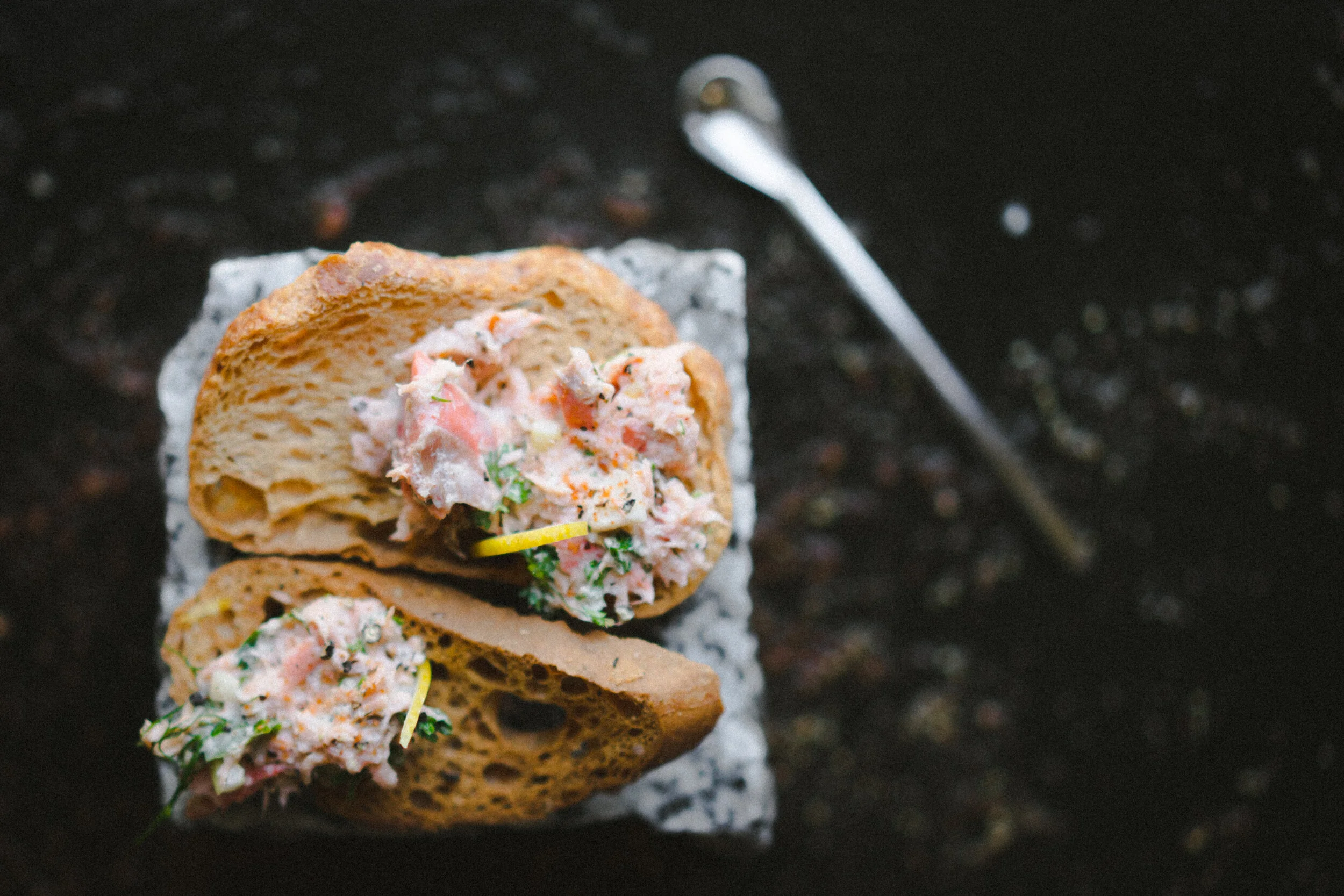 Shot of Smoked Salmon Pâté with crostini from above