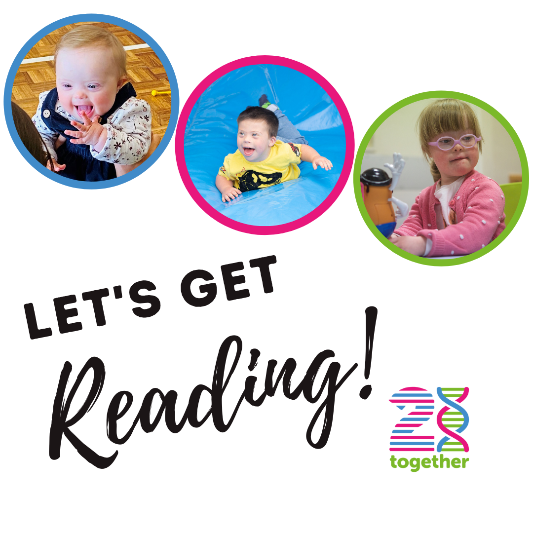 Collage of three young children, each in a circular frame on a white background. Top left: child smiling with a hand in mouth in a blue frame. Top center: child lying on blue mat in a pink frame. Top right: child wearing glasses and pink cardigan in a green frame. Text below reads 'LET'S GET Reading!' with a colorful '25 together' logo.
