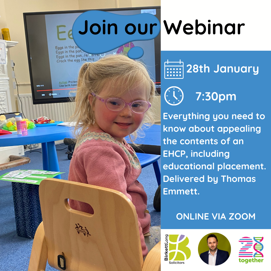 A young girl with glasses sitting on a wooden chair in a classroom setting. Behind her is a TV screen. The text next to her announces a webinar about appealing the contents of an EHCP, scheduled for 28th January at 7:30 pm, delivered by Thomas Emmett, hosted online via Zoom. Logos of Birkett Long Solicitors and a photo of a man are included.