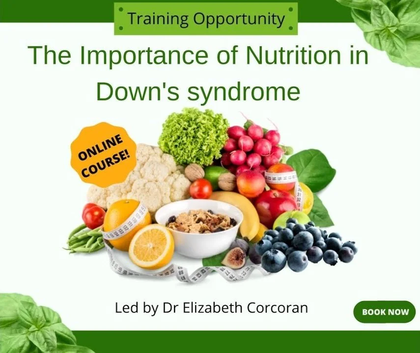 Promotional image for an online course titled 'The Importance of Nutrition in Down's Syndrome' featuring various fruits and vegetables like blueberries, oranges, and lettuce, with a measuring tape and a bowl of cereal. The course is led by Dr. Elizabeth Corcoran. Includes buttons labeled 'Training Opportunity' and 'Book Now.'