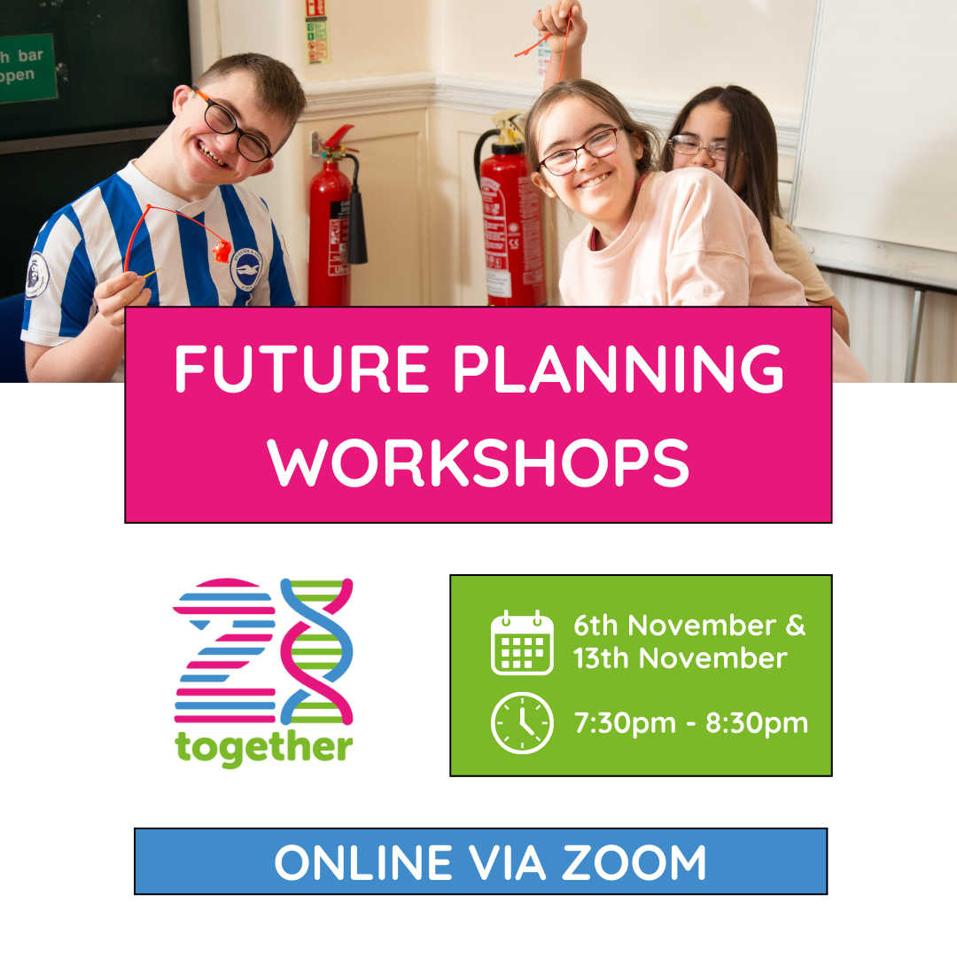 Three people smiling in a classroom setting with "Future Planning Workshops" text. Includes dates, November 6th and 13th, from 7:30pm to 8:30pm, held online via Zoom. Logo showing "2B together."