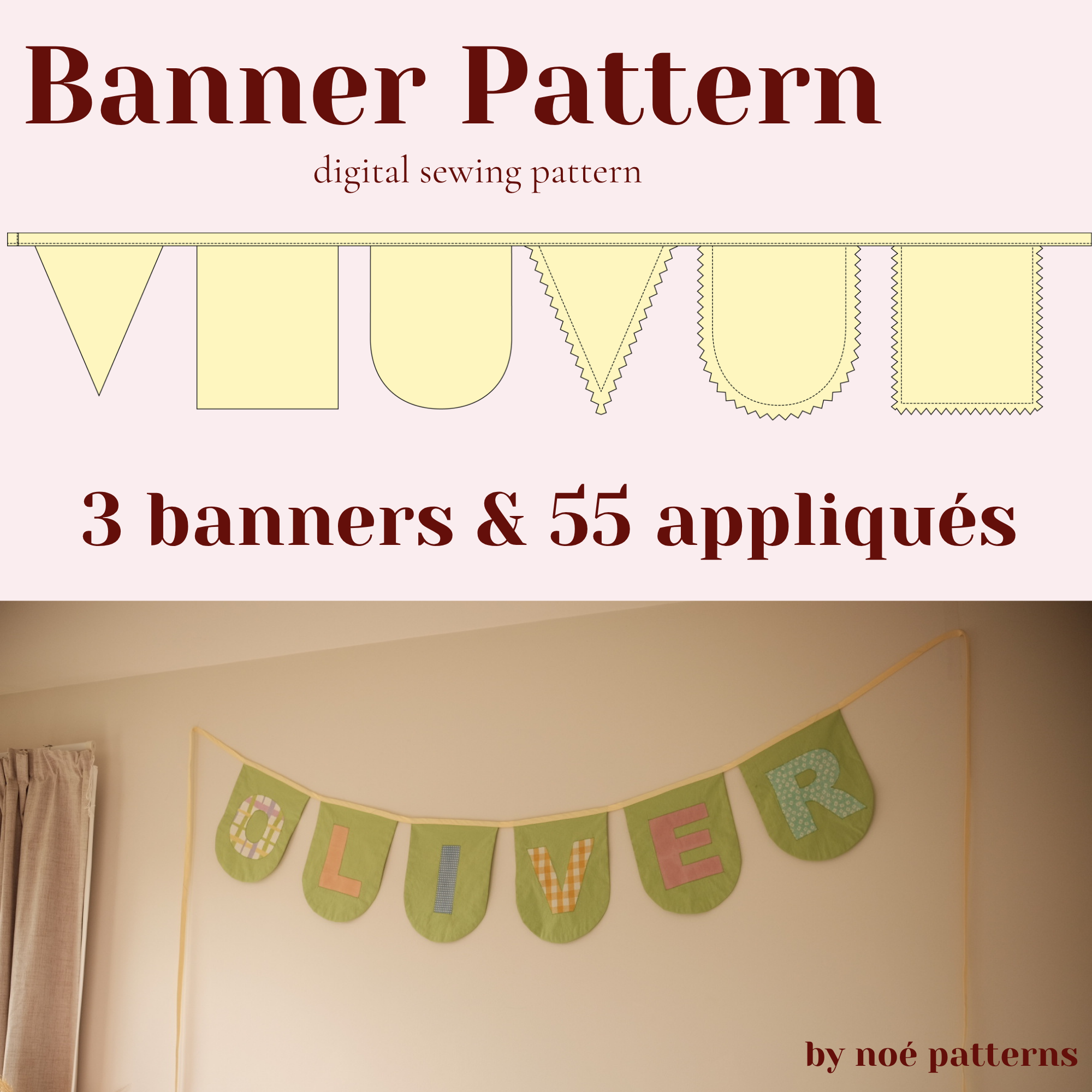 Banner Bunting Sewing Pattern - 58 pieces (PDF A4, Letter, A0, Projector and Video Tutorial)