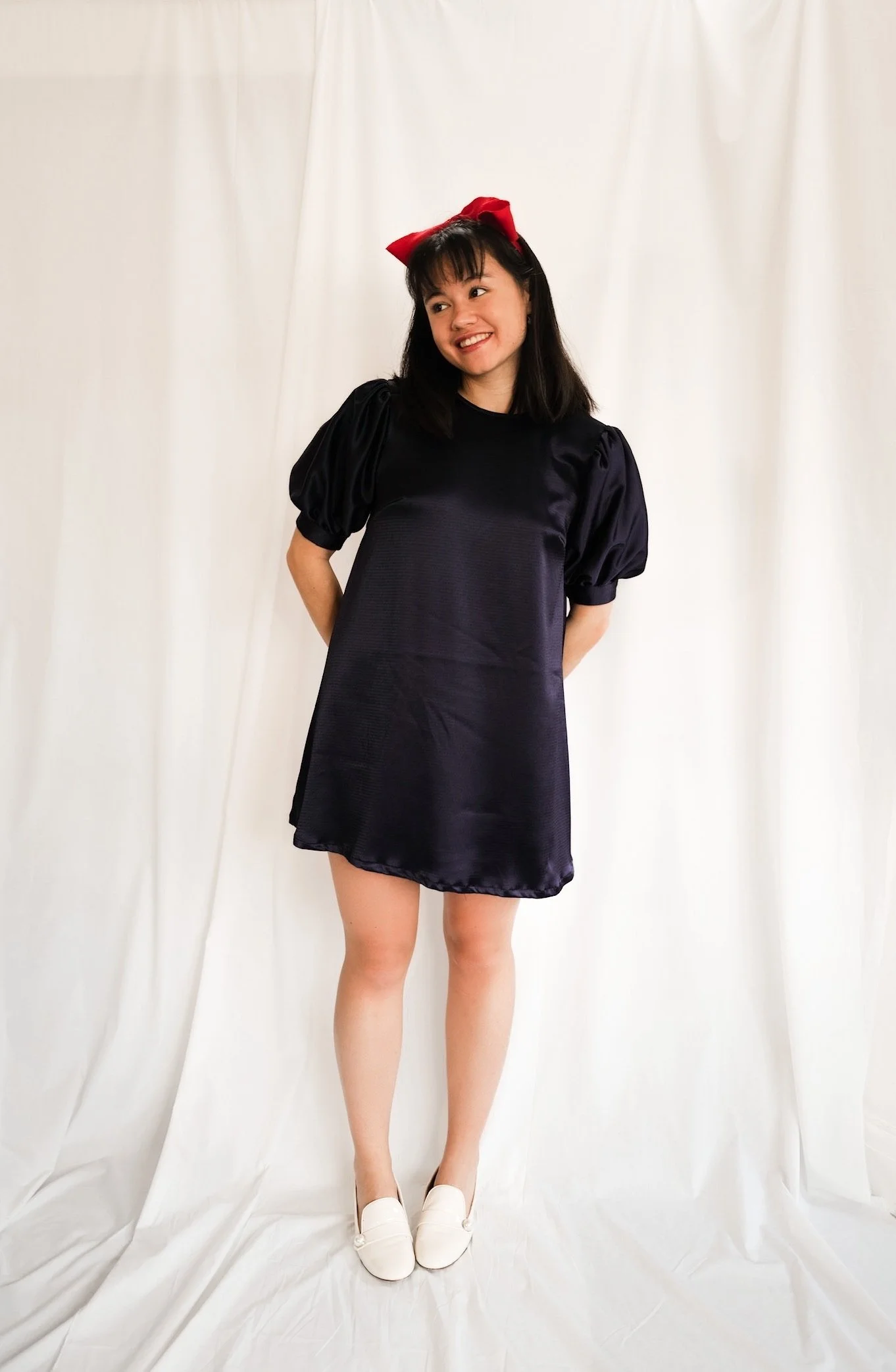 Matilda Inspired Navy Satin Dress