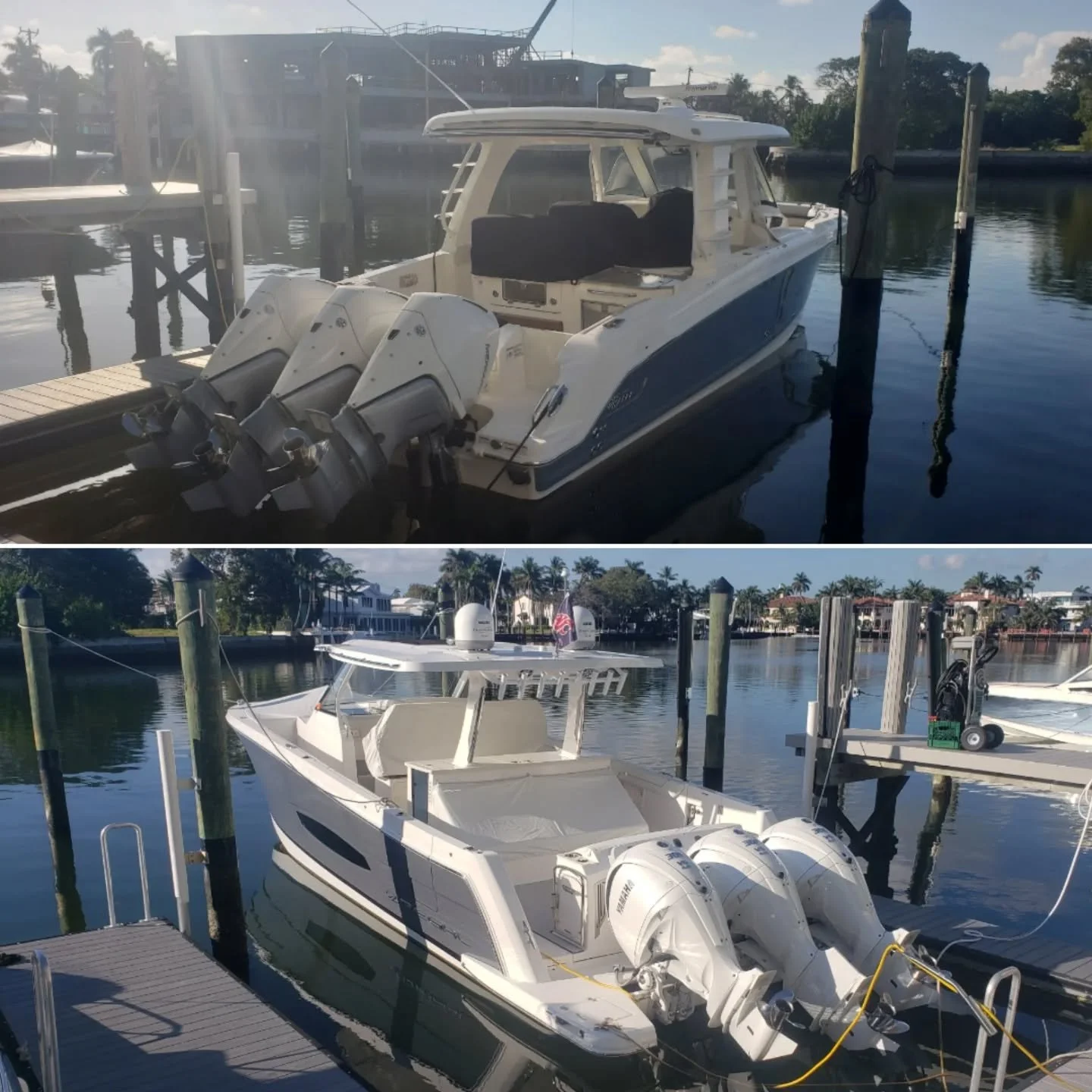 Two new clients for Scuba Sam. A 35 Boston Whaler with triple Mercury 300s and a 38 Regal with triple 350s. Both on schedule for monthly service. We maintain everything from the waterline down and send reports after every service. You can count on us