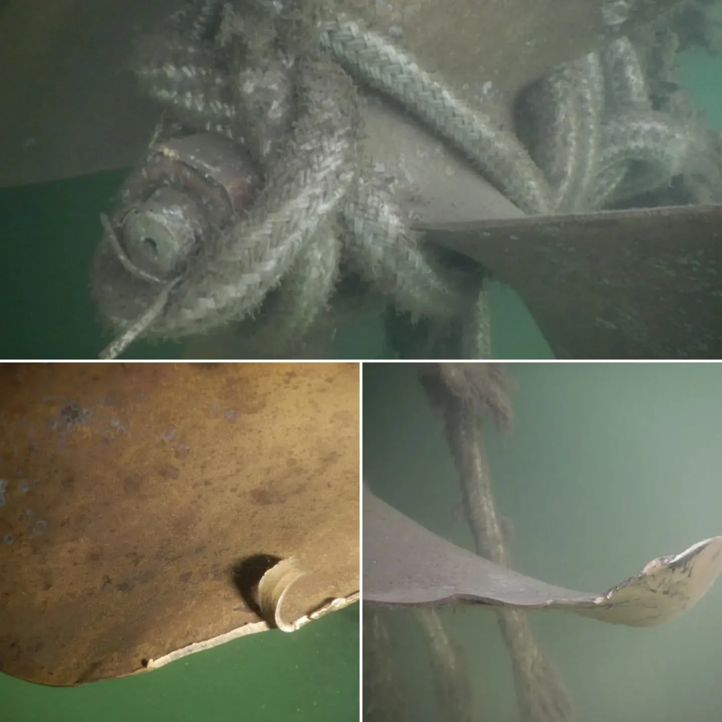 Client ran over his dinghy. Tow line wrapped in prop and all blades are damaged.