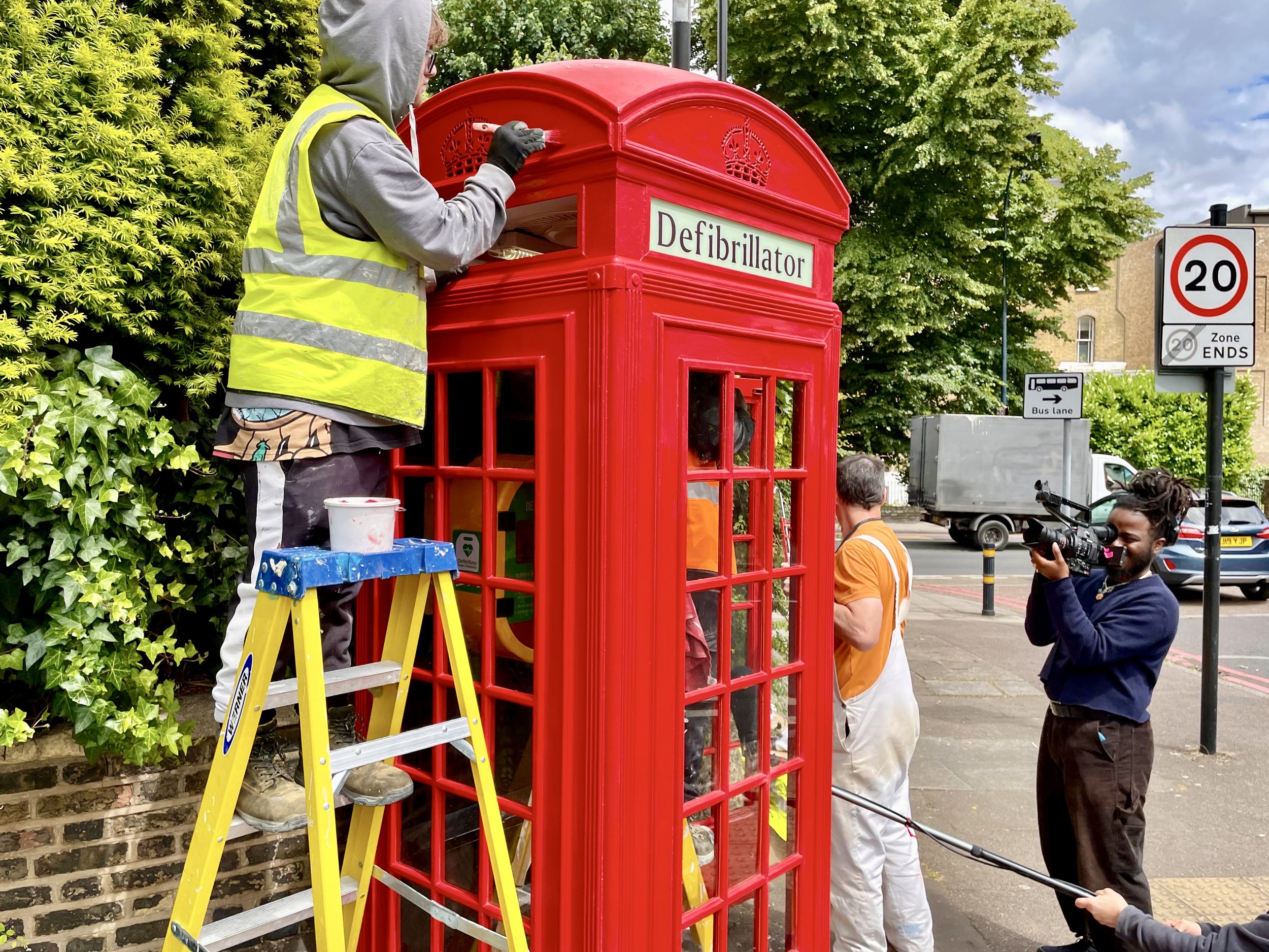 John (student) Kody (student in telephone box) & Declan Egan (tutor) being filmed_Fri 14th June 2024.Photo by Lorna Jackson (1).jpeg