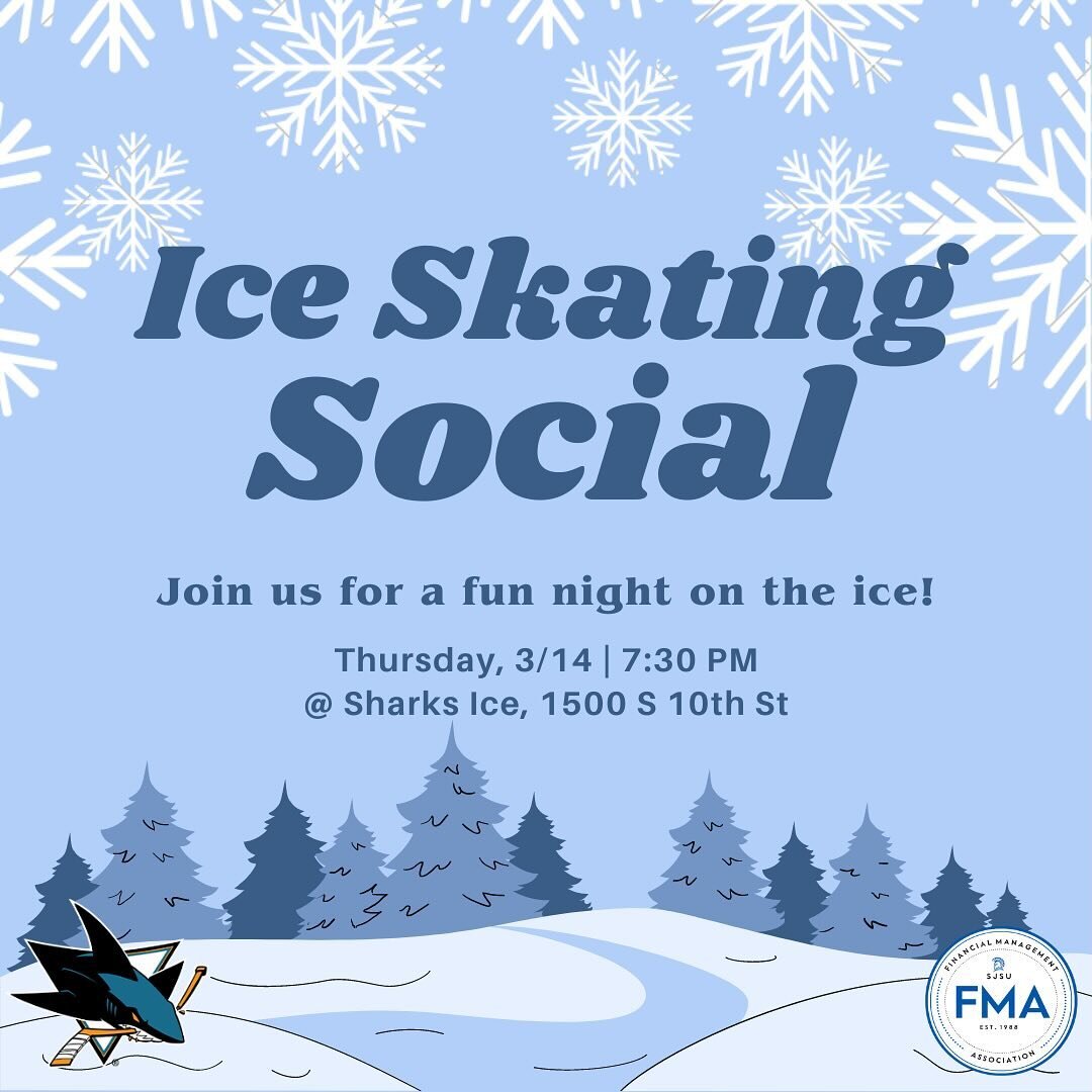 Reward yourself after a successful meeting tomorrow and join us at Sharks Ice after for a fun night of ice skating! We will be meeting up at Sharks Ice (1500 S 10th St) at 7:30 PM, we hope to see you there! ✨