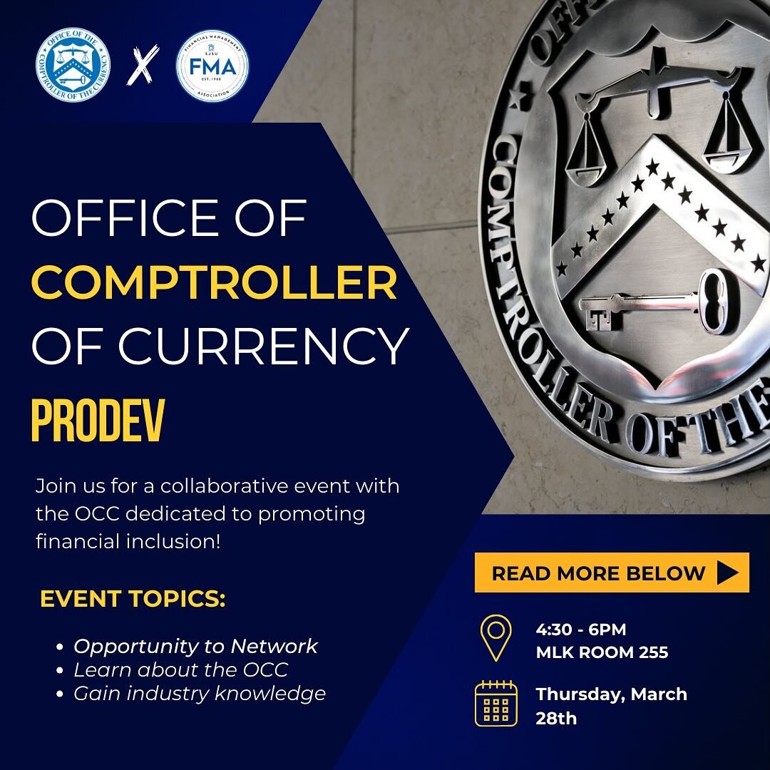 Join us for a collaborative event with the Office of the Comptroller of Currency (OCC) on Thursday, March 28th, from 4:30 to 6 PM, at MLK Library Room 255, dedicated to promoting financial inclusion. Together, we&rsquo;ll explore strategies to ensure