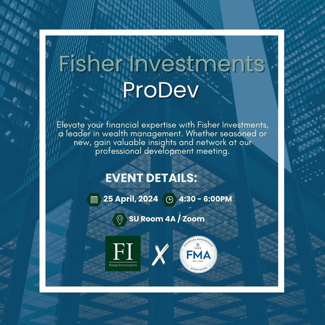 🌟 Fisher Investments invites you to a dynamic professional development meeting on Thursday, April 25th, 2024, from 4:30 PM to 6:00 PM on Zoom or in SU Room 4A. The Zoom link for the meeting can be found in our bio! Whether you&rsquo;re a seasoned pr