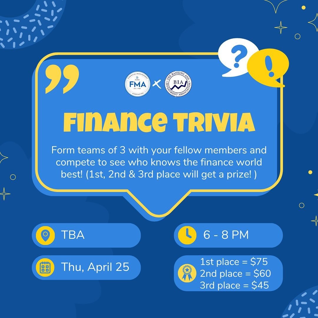 Hey FMAers! Up for some friendly competition against your fellow peers? Join us for a joint finance trivia night with BIA after our weekly meeting at 6pm! Group up and see who knows finance the best, as cash prizes will be rewarded for the top 3. Kee