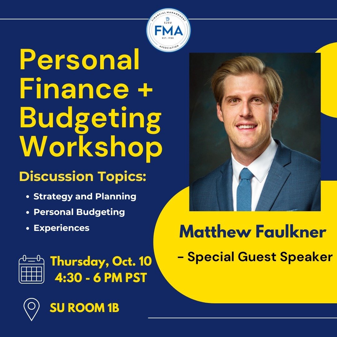 🌟 Join us on Thursday, October 10, from 4:30 to 6 PM in Student Union Room 1B for an exciting speaker event featuring our special guest, Professor Matthew Faulkner! 🎤✨

Engage in enlightening discussions about personal finance and budgeting that wi