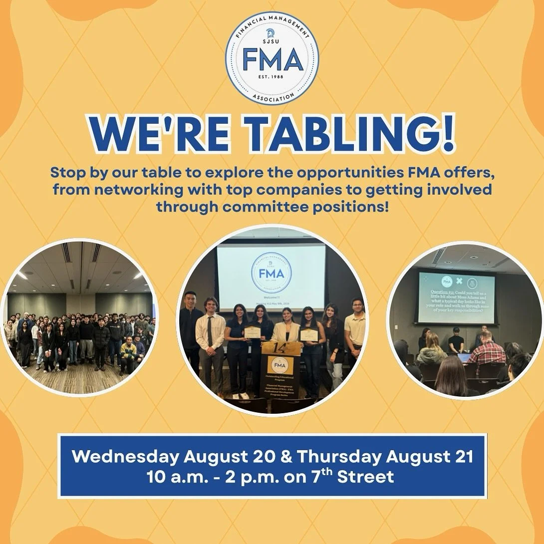 Catch us tabling this Wednesday and Thursday on 7th Street! You’ll be able to meet some of our officers and learn about the opportunities to get involved with FMA and become a member! Make sure you stop by and we hope to see you!