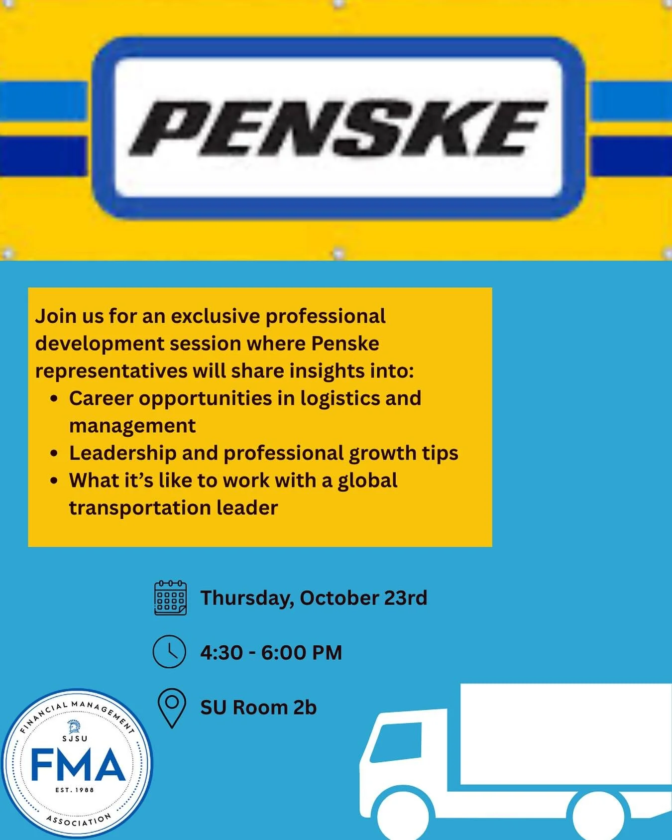 Hey FMAers! 👋 Get ready for our next ProDev event with Penske! 🚛💼 Come learn about career opportunities, leadership development, and what it&rsquo;s like to work in the logistics and transportation industry! Don&rsquo;t miss this chance to gain va