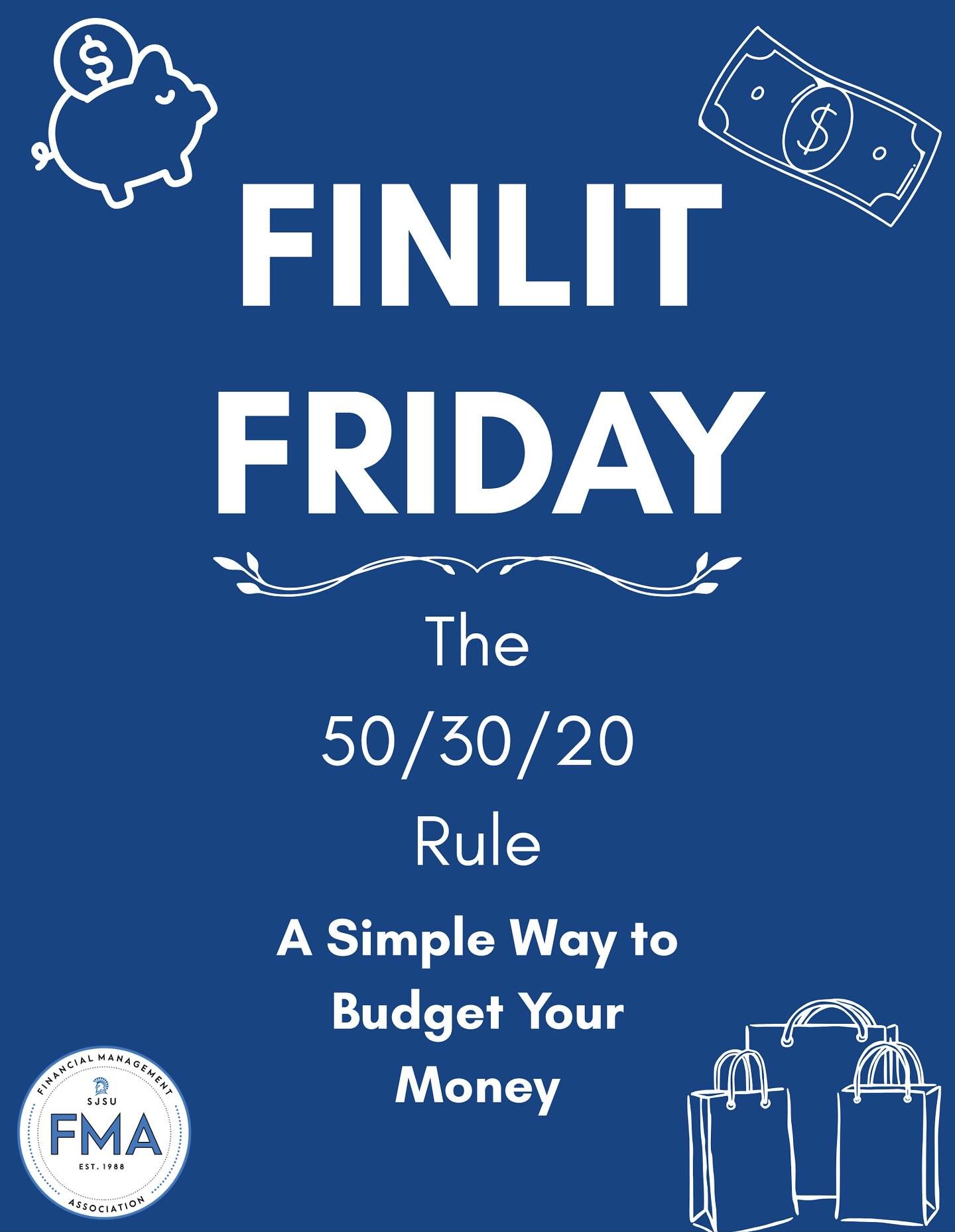 Hey FMAers! For this week&rsquo;s FinLit Friday, we&rsquo;re breaking down the 50/30/20 rule, a simple and effective way to budget your money! 💸 Swipe through to learn how to divide your income into needs, wants, and savings so you can manage your f