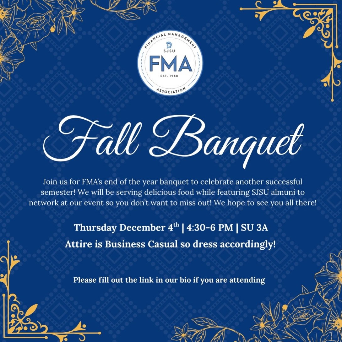 Hey FMAers! As we start heading towards the end of the semester, we have our Fall Banquet coming up! Join us in celebrating another successful semester at FMA while enjoying delicious food and connecting with fellow alumni. Attire is business casual 