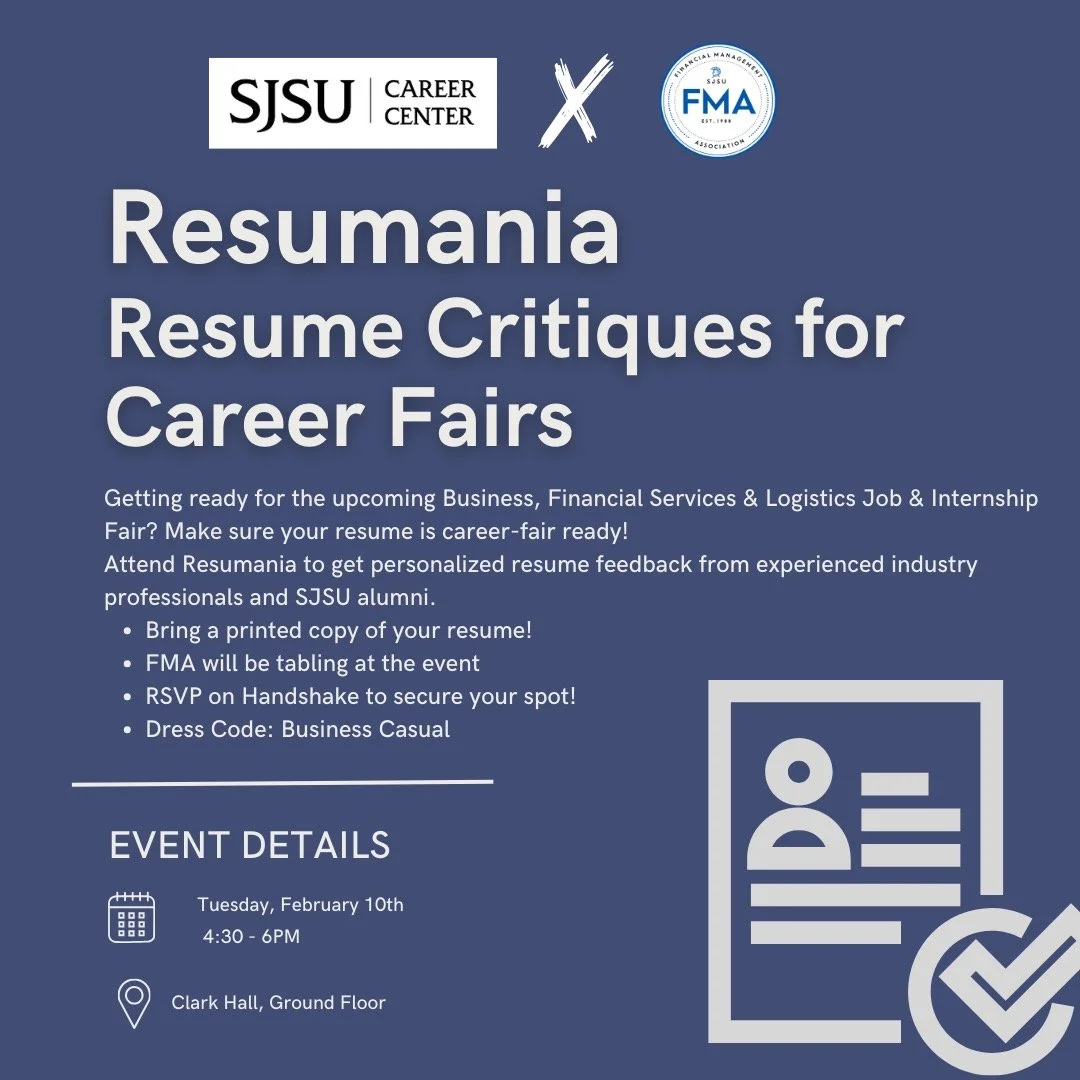 Happy Monday FMAers!! We&rsquo;re partnering with the SJSU Career Center to host Resumania, a resume critique event to help you get career-fair ready. Join us on to get personalized feedback from industry professionals and SJSU alumni. The event is o