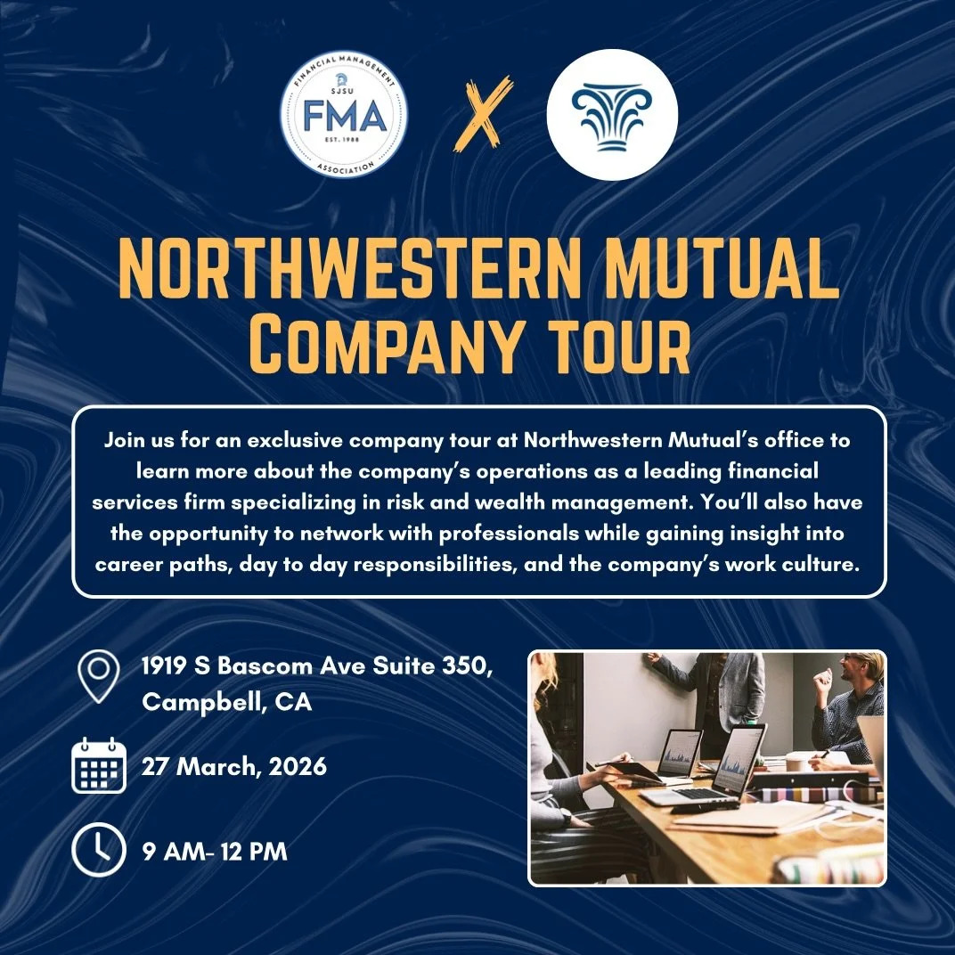 Hey FMAers! This Friday we have a company tour with Northwestern Mutual from 9 am - 12 pm in their Campbell office! This is a great opportunity to get to know more about the company&rsquo;s operations and meet finance professionals on career paths yo