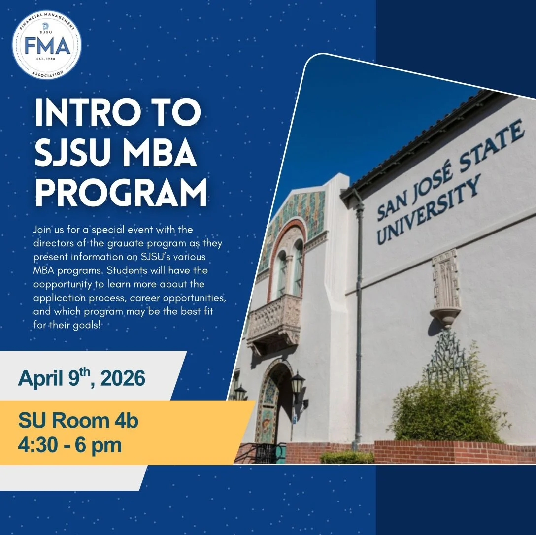Hey FMAers! Join us for an exciting event this week with the directors of SJSU&rsquo;s MBA program to learn more about the application process and which path is best for you. We hope to see you there!